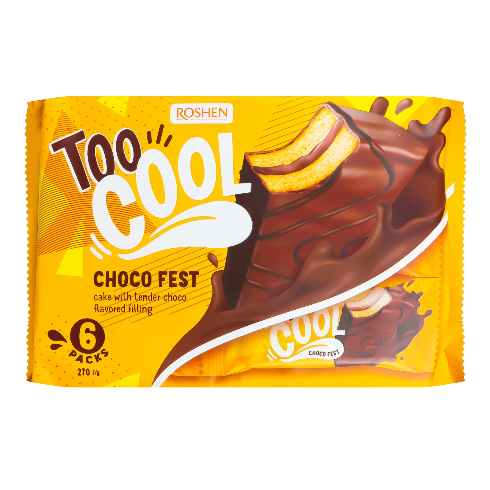 Тістечка Roshen Too Cool Choco Fest бісквітні глазуровані з начинкою зі смаком шоколаду 6х45г