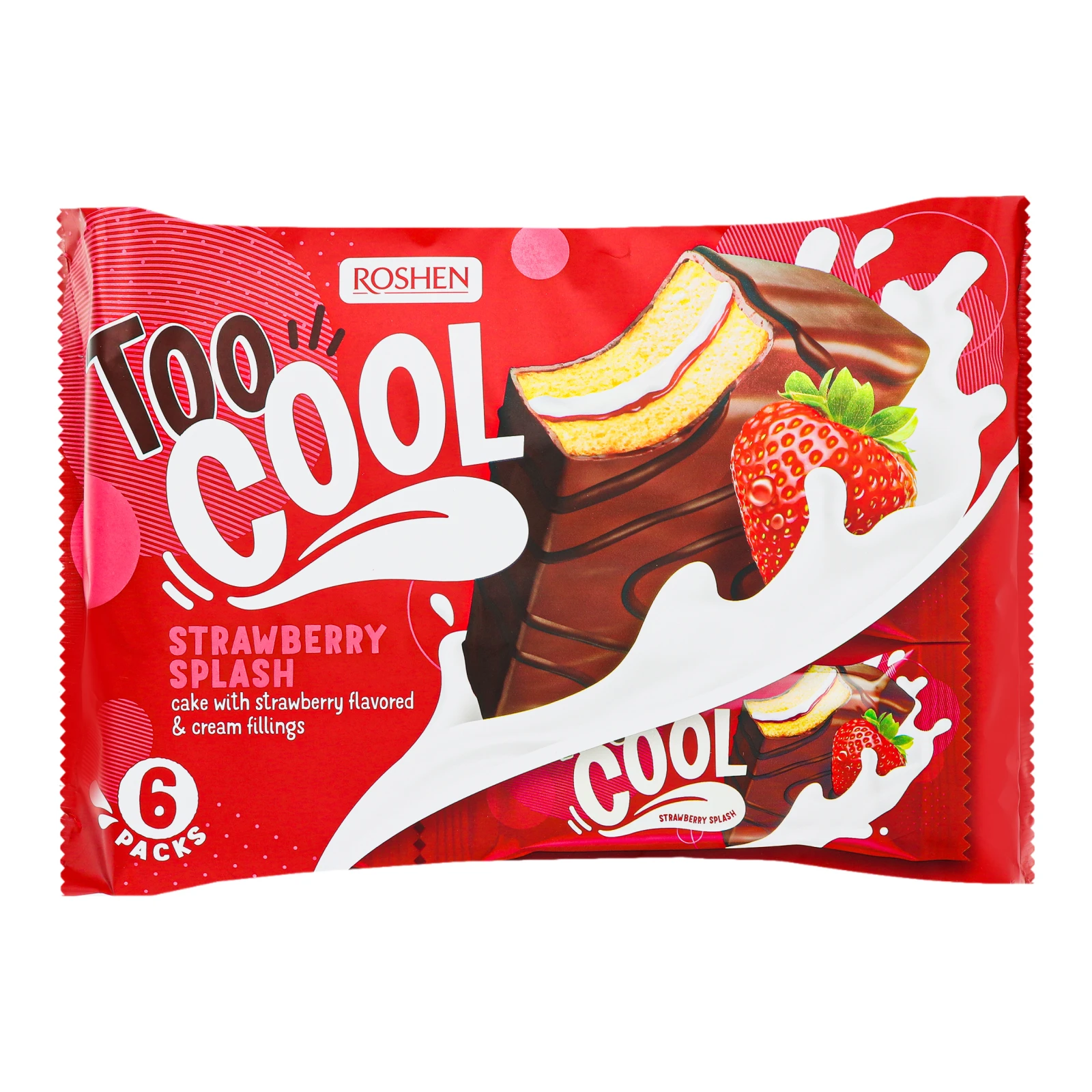 Тістечка Roshen Too Cool Strawberry Splash бісквітні глазуровані з начинкою полуниця-крем 6х45г