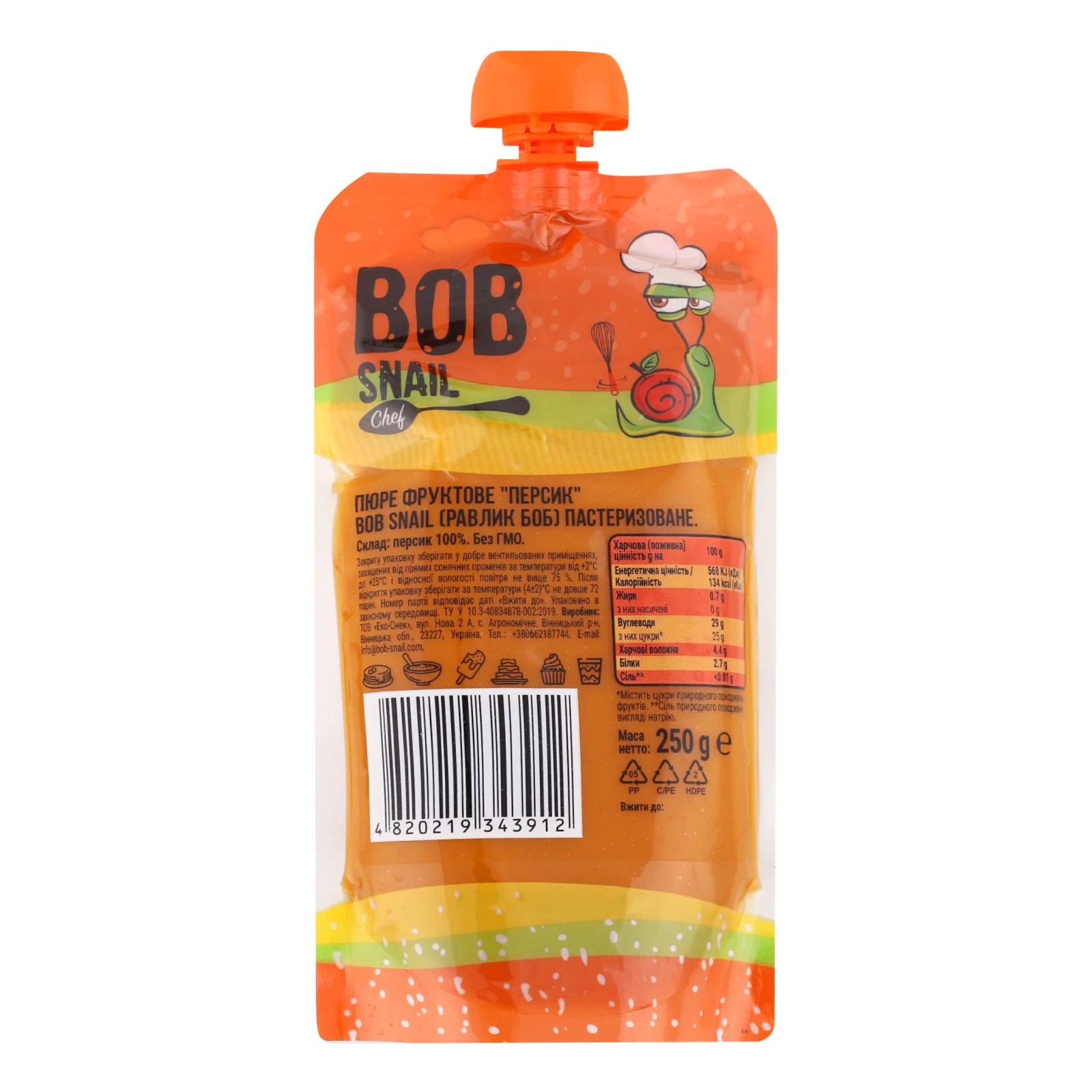 Пюре Bob Snail фруктове пастеризоване Персик 250г фото 2