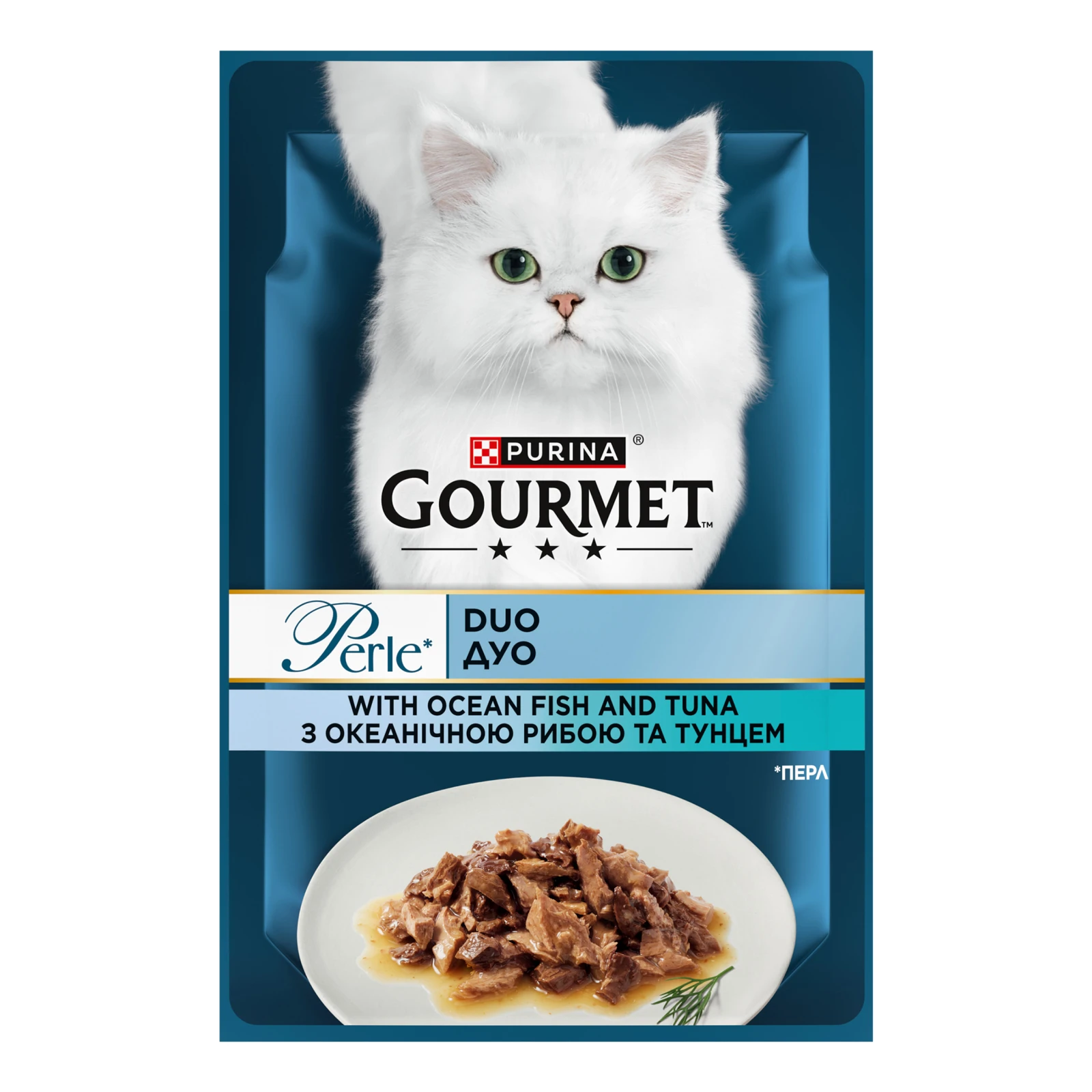 Корм консервований Gourmet Perle Duo З океанічною рибою та тунцем повнораціонний для дорослих котів 85г Фото №:1
