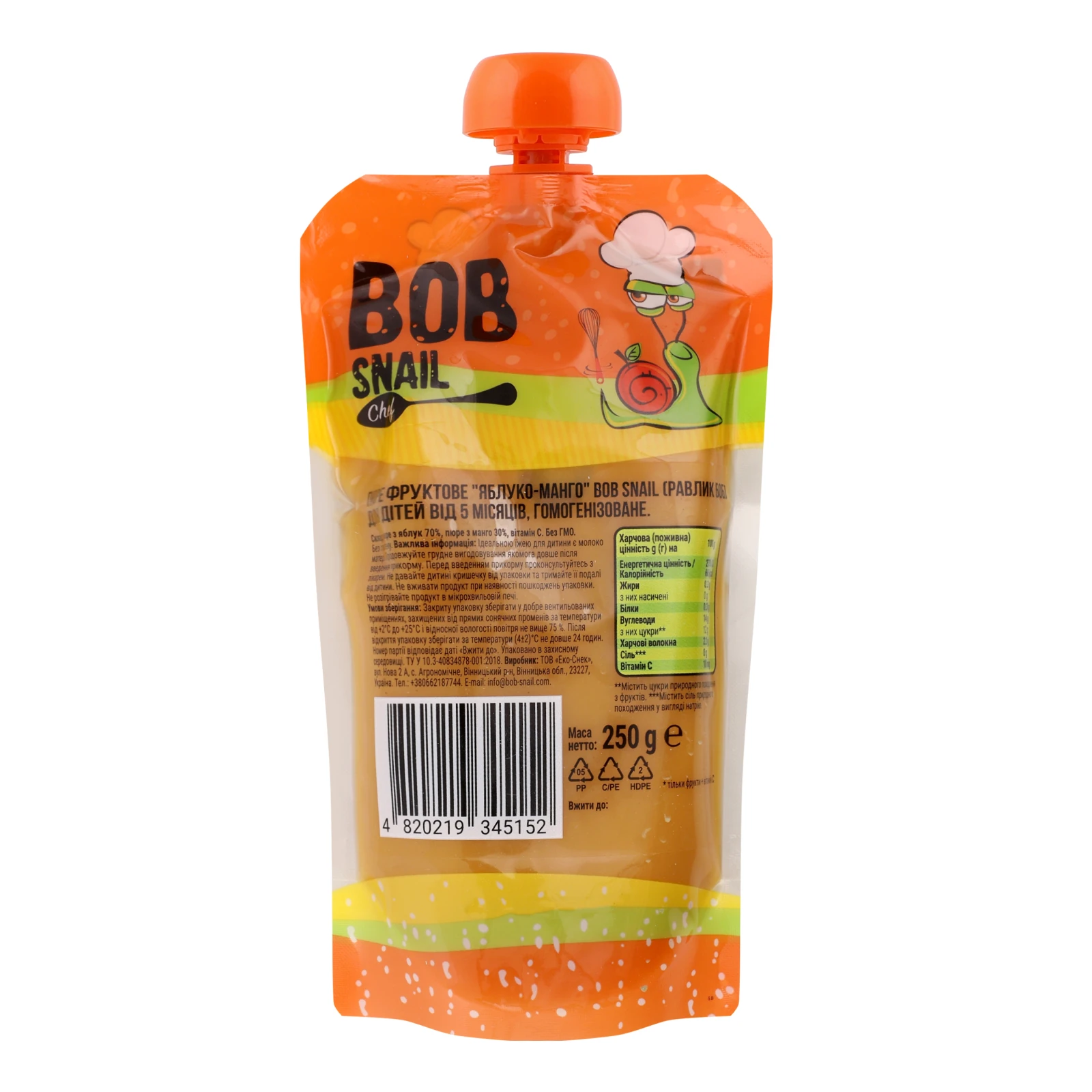 Пюре Bob Snail Baby фруктове Яблуко-манго для дітей від 5-ти місяців 250г Фото №:2