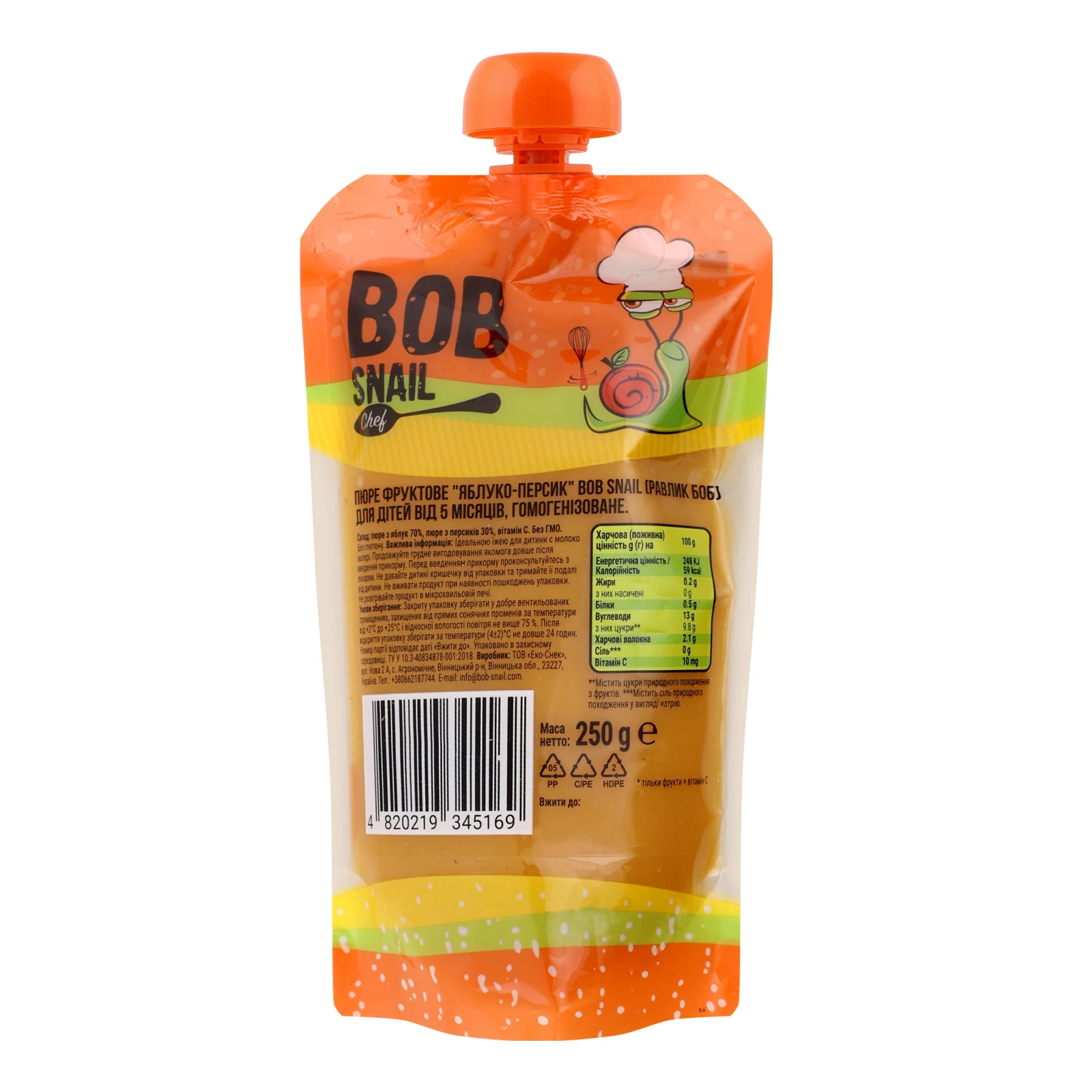 Пюре Bob Snail Baby фруктове Яблуко-персик для дітей від 5-ти місяців 250г Фото №:2