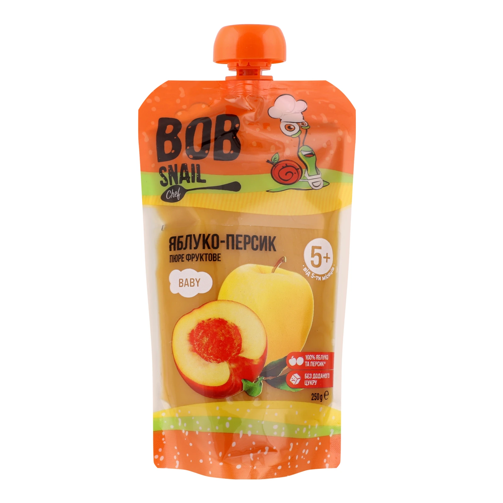Пюре Bob Snail Baby фруктове гомогенізоване Яблуко-персик для дітей від 5-ти місяців 250г Фото №:1