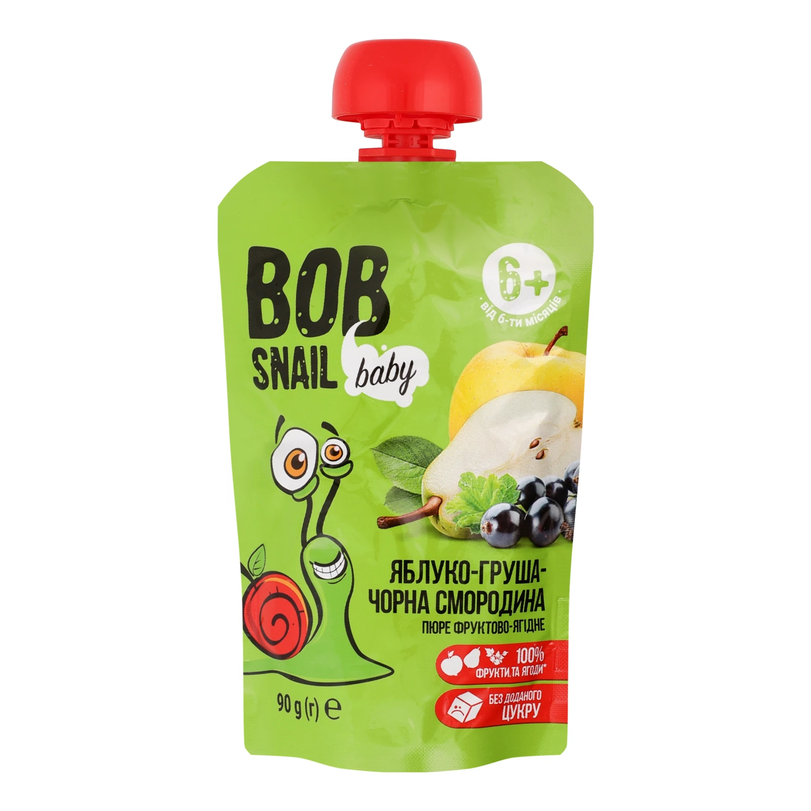 Пюре Bob Snail Baby фруктово-ягідне гомогенізоване Яблуко-груша-чорна смородина для дітей від 6-ти місяців 90г Фото №:1