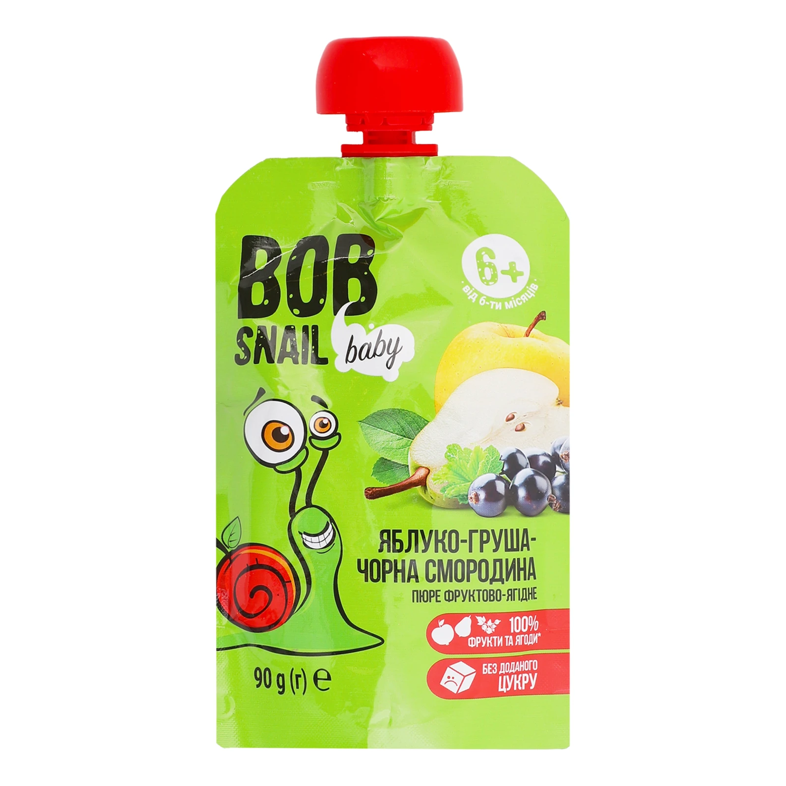 Пюре Bob Snail Baby фруктово-ягідне гомогенізоване Яблуко-груша-чорна смородина для дітей від 6-ти місяців 90г Фото №:1