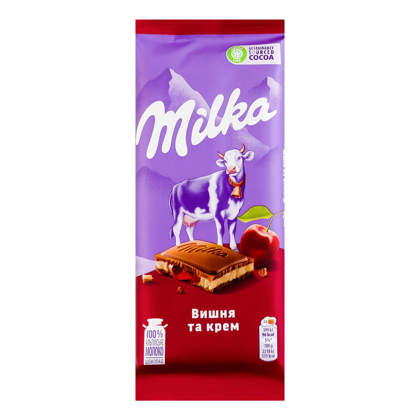 Шоколад Milka молочний Вишня та Крем 90г Фото №:1