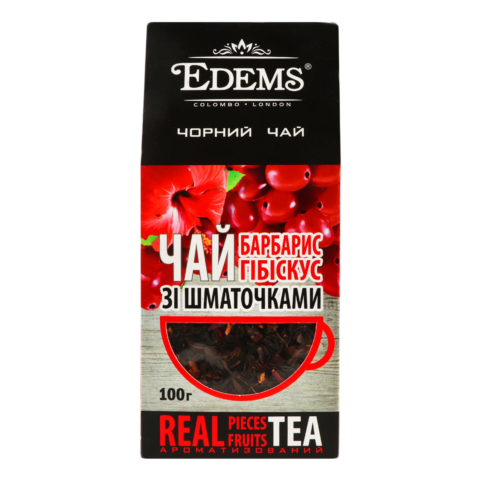 Чай Edems чорний крупнолистовий зі шматочками ягід барбарису-гібіскус 100г Фото №:1