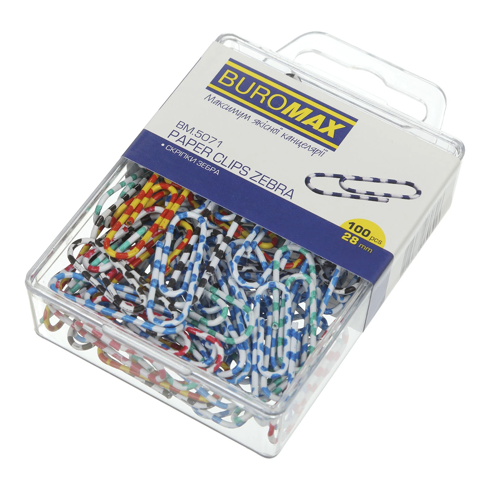 Скріпки Buromax 100шт Зебра 28мм кольорові пластикова упаковка Фото №:1