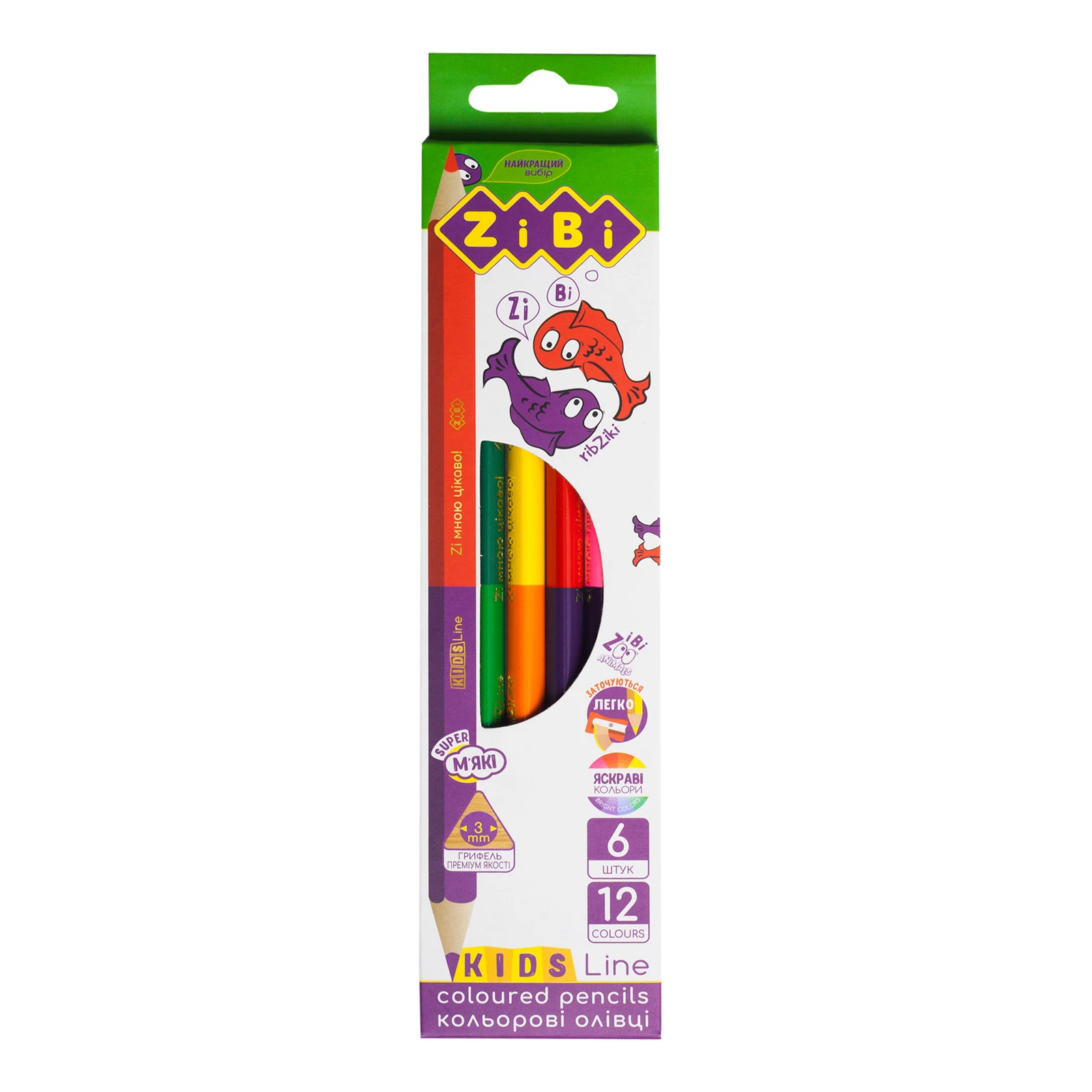 Олівці кольорові Zibi 6шт Kids Line Double 12 кольорів Фото №:1