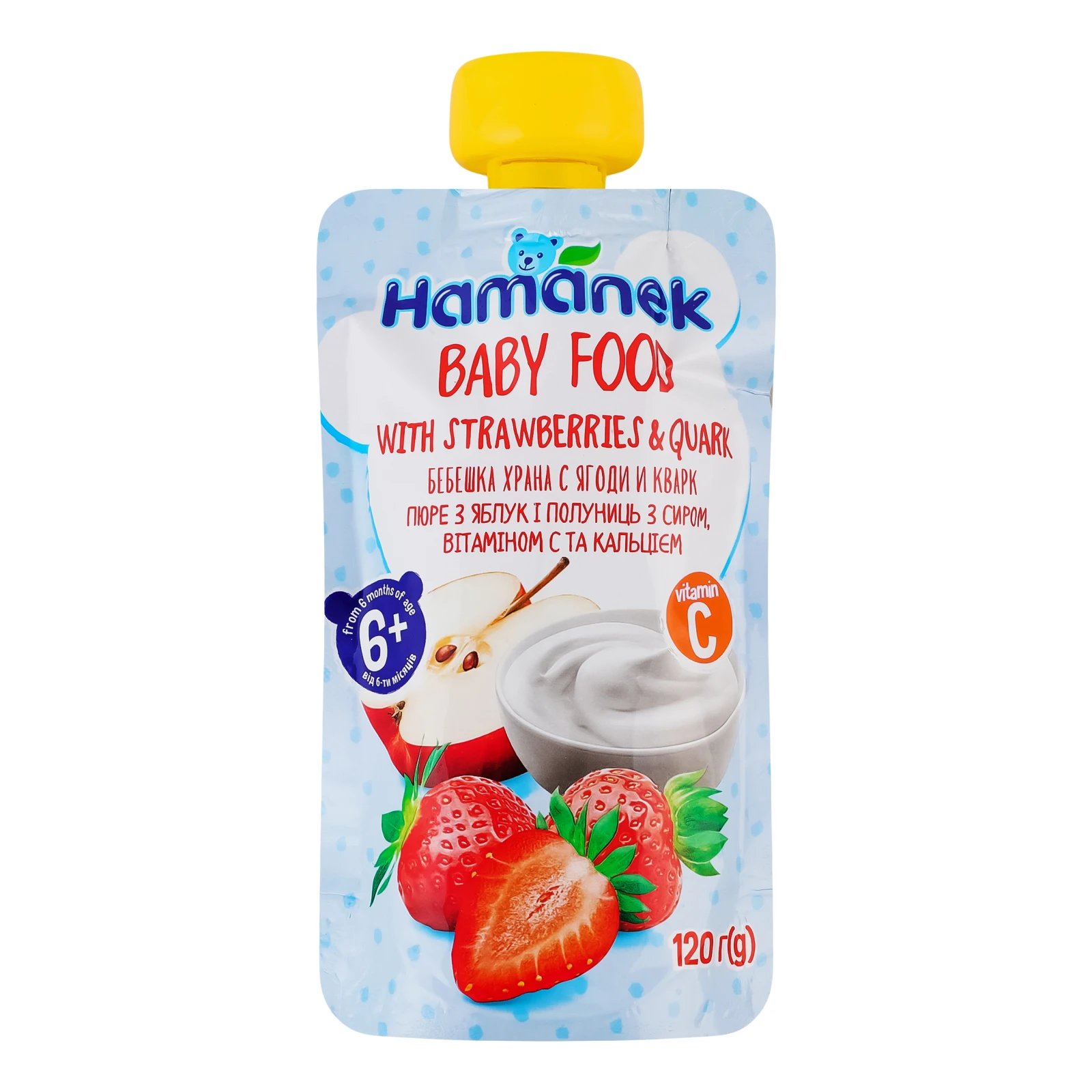 Пюре Hamanek з яблук та полуниці з сиром, вітаміном С та кальцієм для дітей від 6-ти місяців 120г Фото №:1