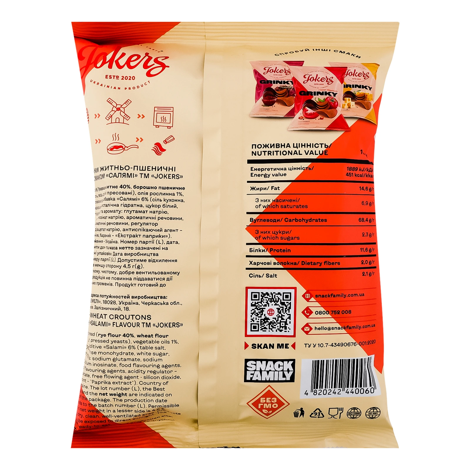 Грінки Jokers житньо-пшеничні зі смаком Салямі 80г Фото №:2