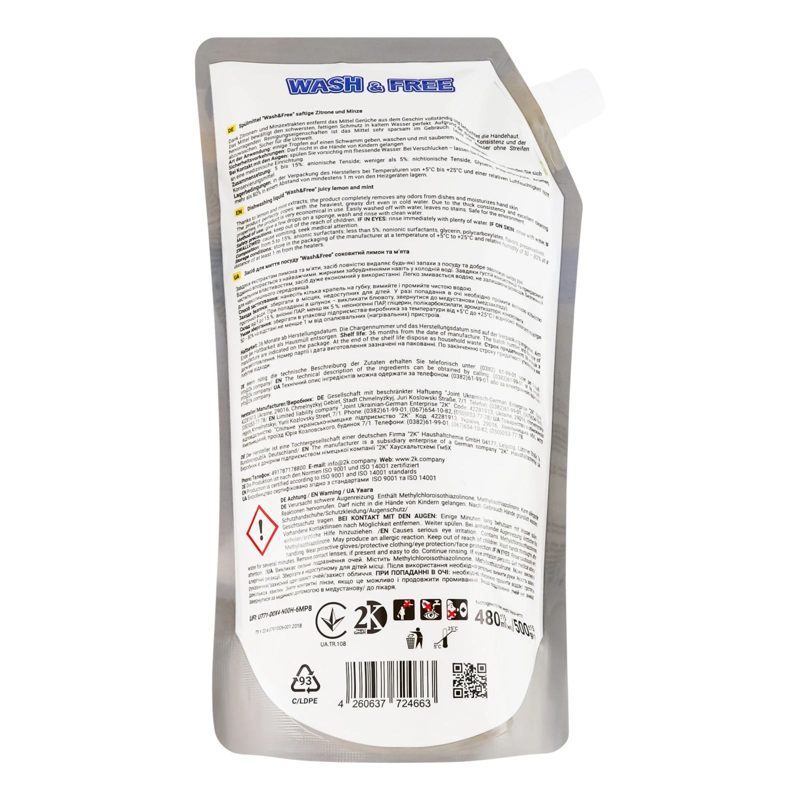 Засіб для миття посуду Wash&Free Соковитий лимон та м'ята 500г Фото №:2