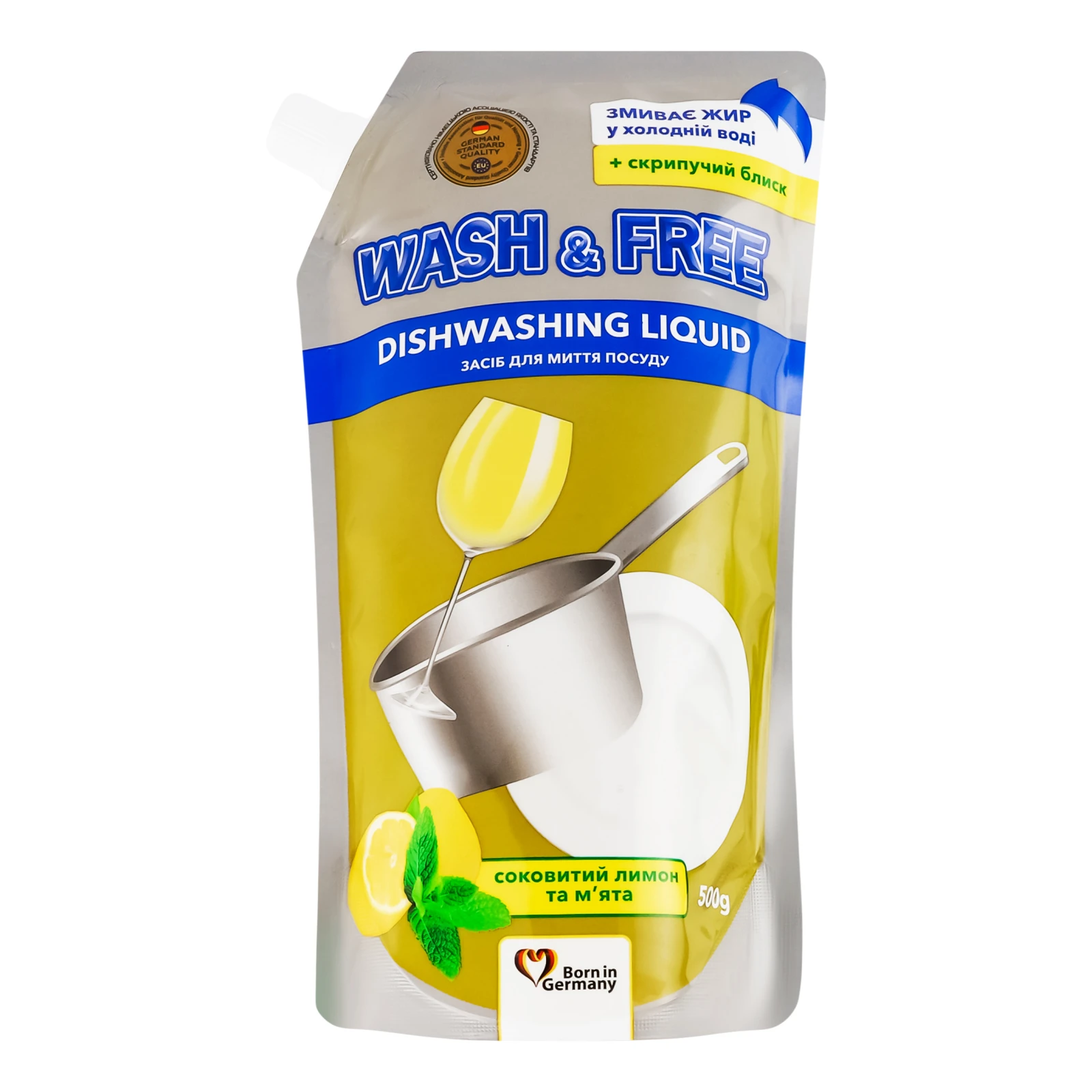 Засіб для миття посуду Wash&Free Соковитий лимон та м'ята 500г Фото №:1