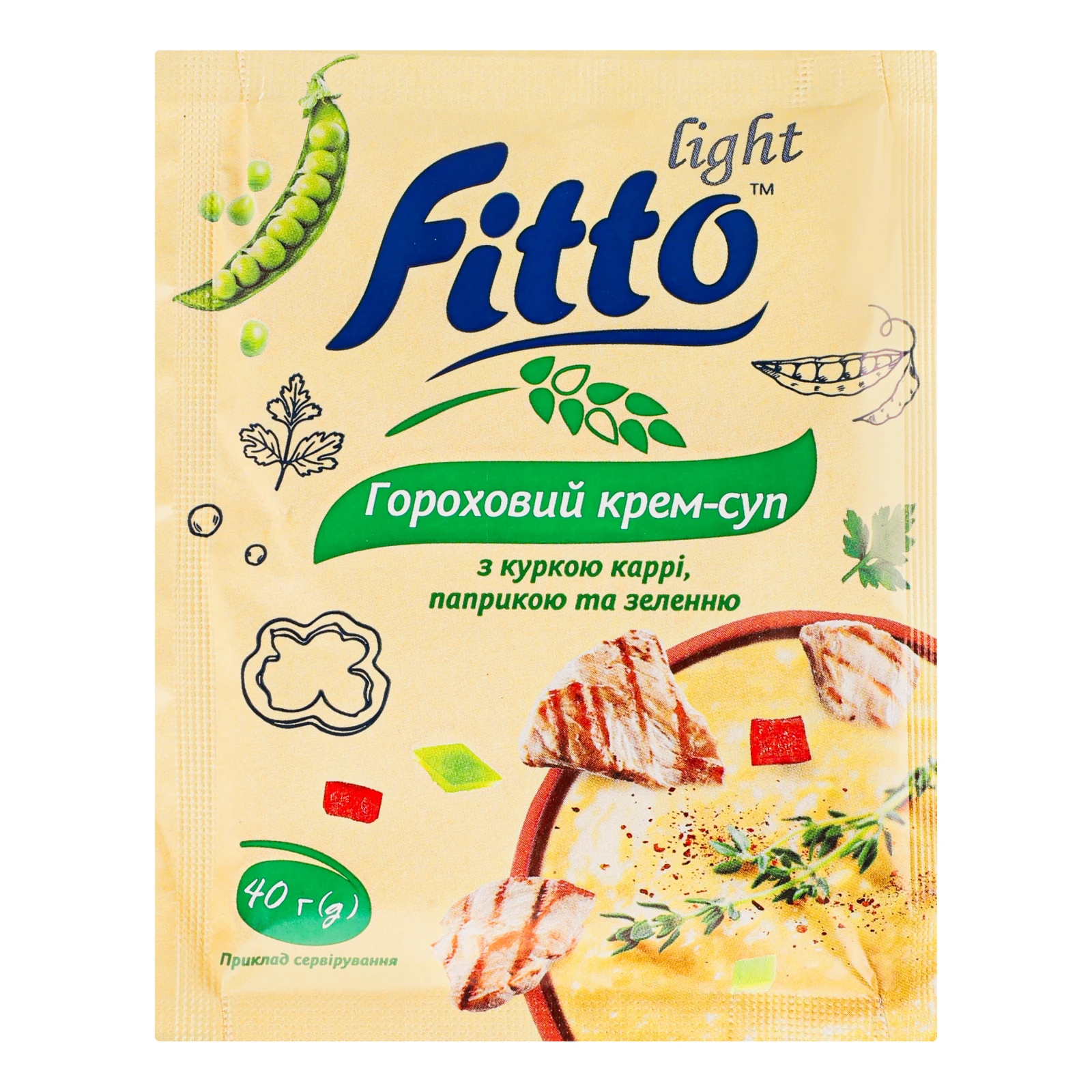 Крем-суп Fitto light гороховий миттєвого приготування з куркою каррі паприкою та зеленню 40г Фото навігації №:1