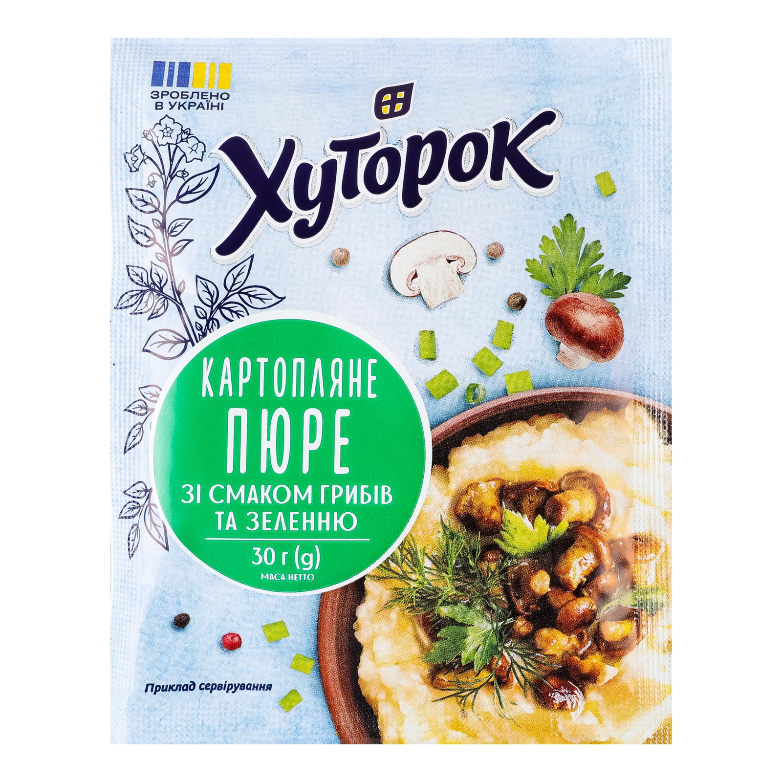 Пюре Хуторок швидкого приготування картопляне зі смаком грибів та зеленню 30г Фото №:1