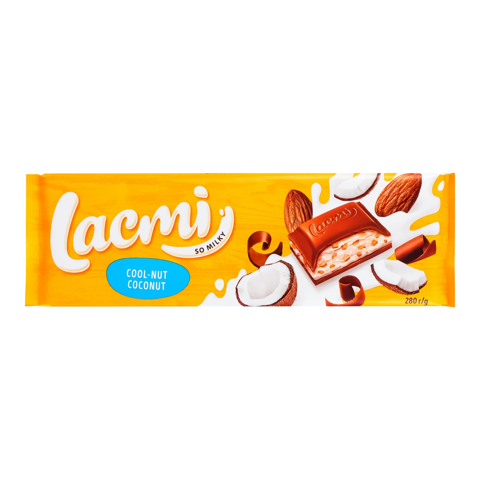 Шоколад Roshen Lacmi Cool-Nut Coconut молочний з мигдалем, кокосовим кремом та рисовими кульками 280г