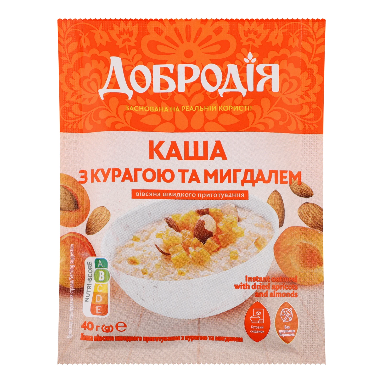 Каша Добродія швидкого приготування вівсяна з курагою та мигдалем 40г Фото №:1