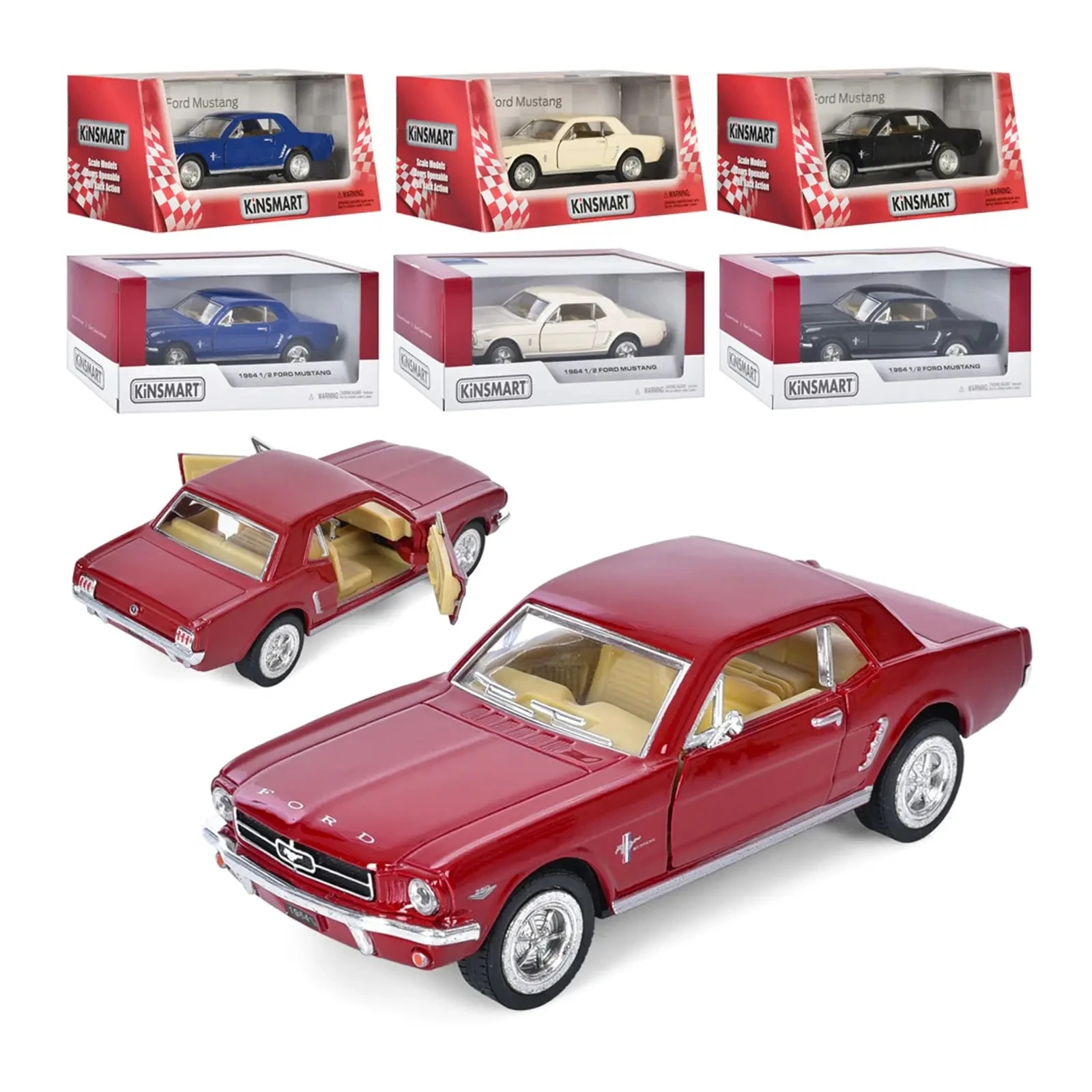 Машинка Kinsmart металева інерційна Kinsmart Ford Mustang 1/2 1964 1:36, гумові колеса, двері відчиняються KT5351W Фото №:1