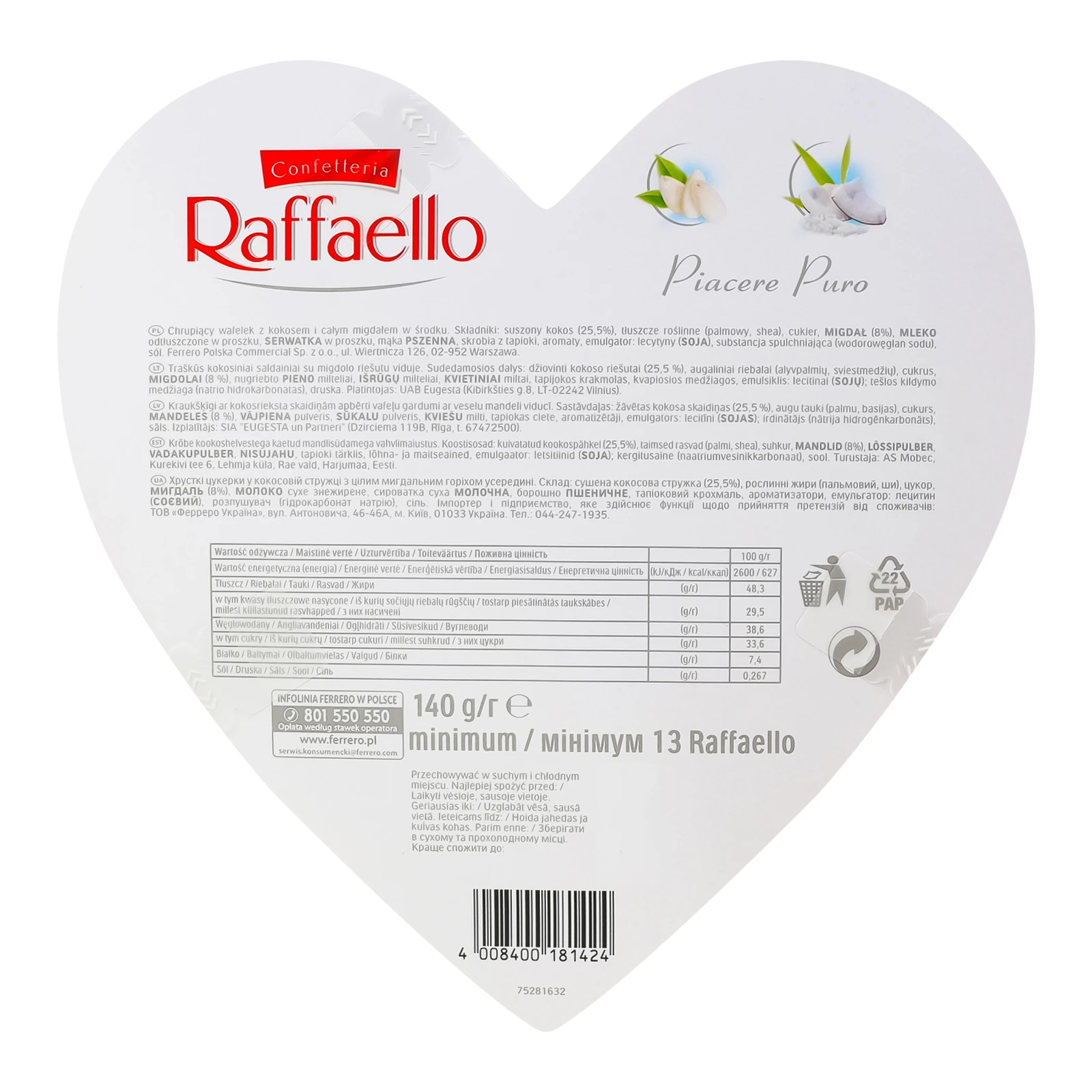 Цукерки Raffaello хрусткі у кокосовій стружці з цілим мигдальним горіхом 140г Фото №:2