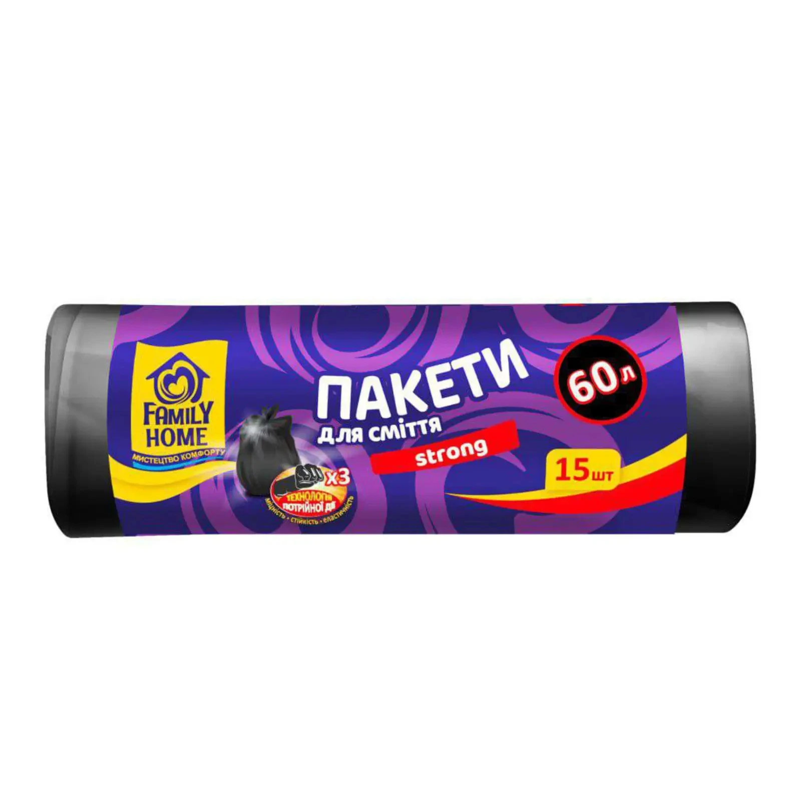 Пакети для сміття Family Home Strong 60*80см чорні 60л 15шт Фото навігації №:1