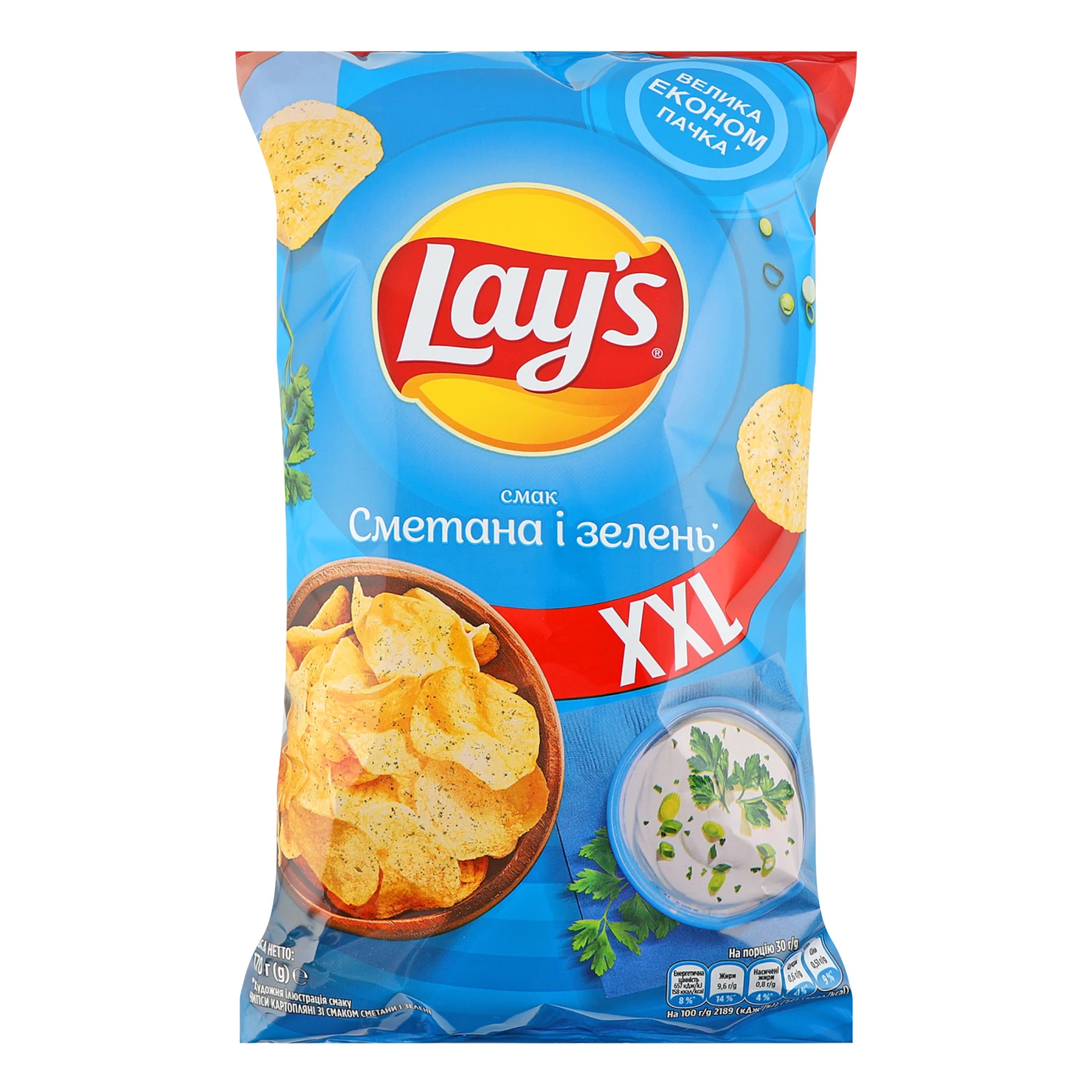 Чипси Lay's картопляні зі смаком Сметана і зелень 170г Фото №:1