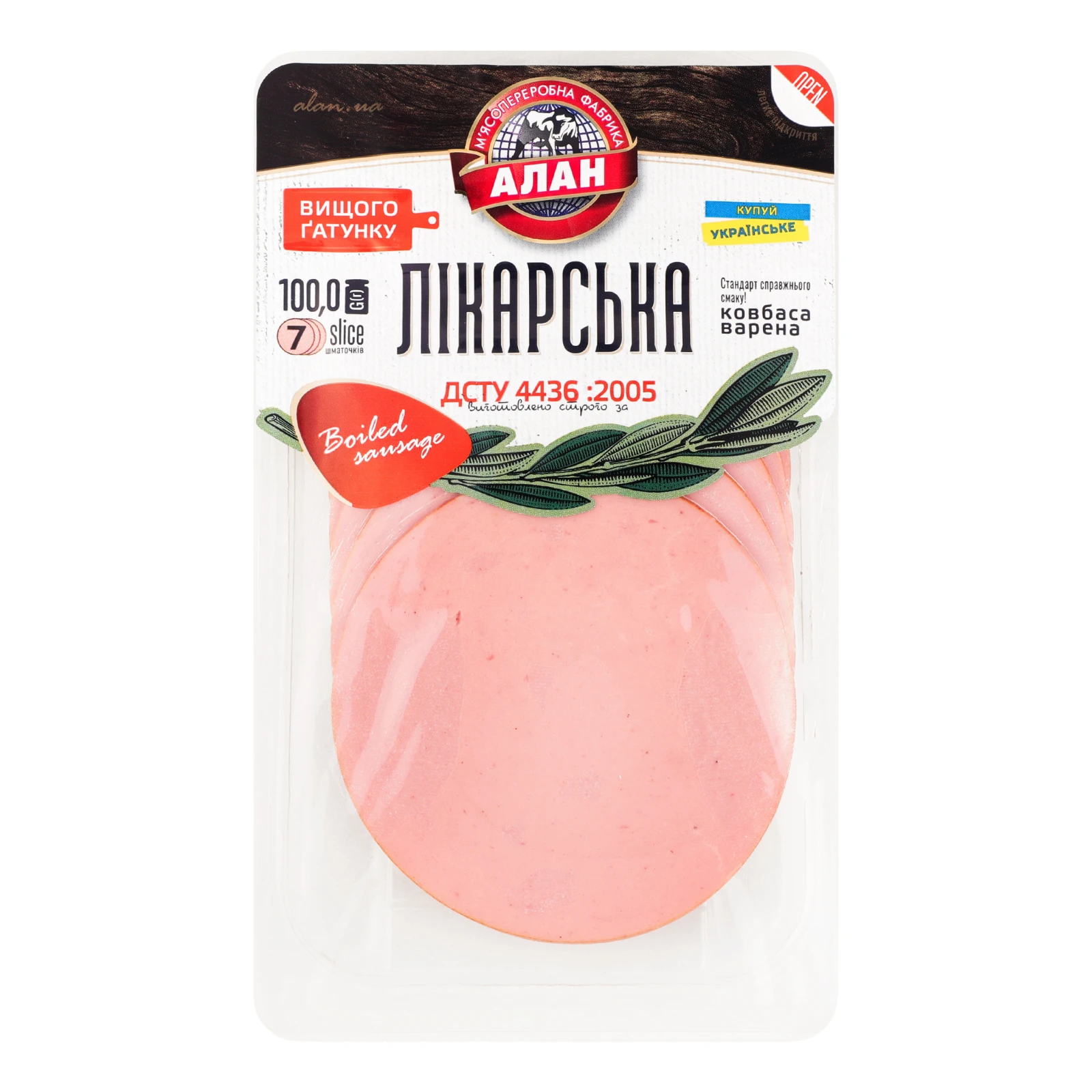 Ковбаса Алан Лікарська варена вищий ґатунок нарізка 100г Фото №:1