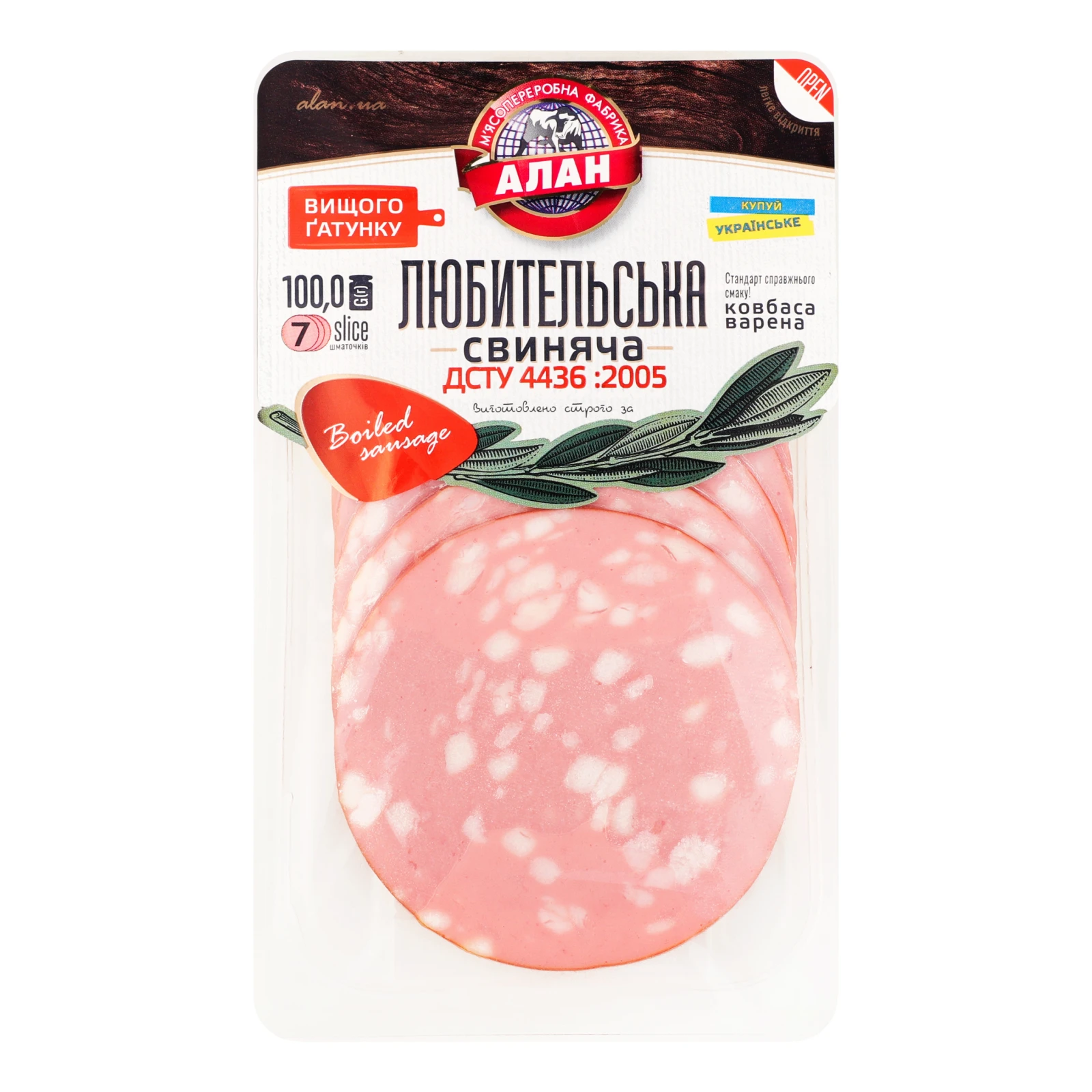Ковбаса Алан Любительська свиняча варена вищий ґатунок нарізка 100г Фото №:1
