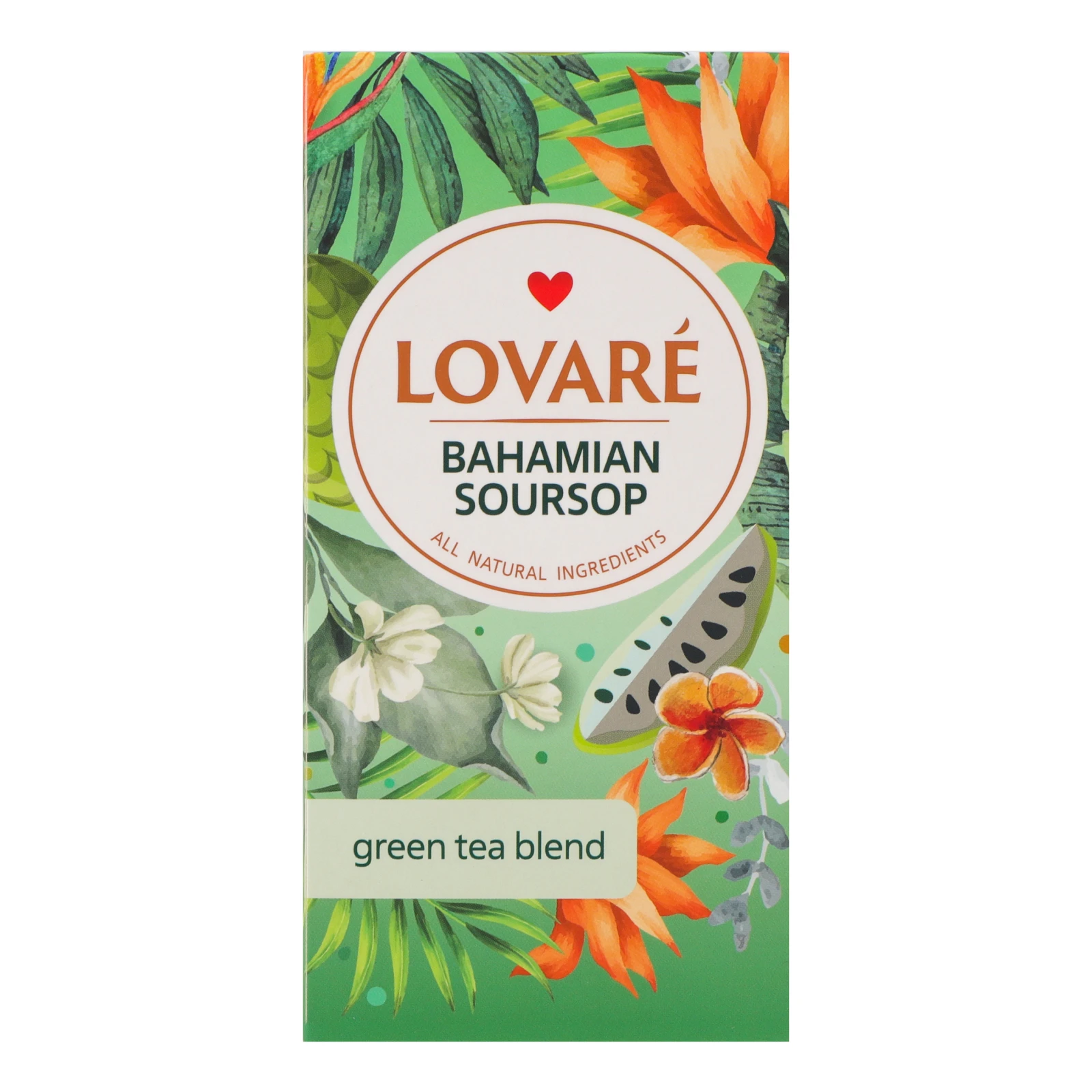 Чай Lovare Bahamian Soursop зелений байховий дрібний із фруктами пелюстками квітів та ароматом саусепу 24*1.5г/уп Фото №:1