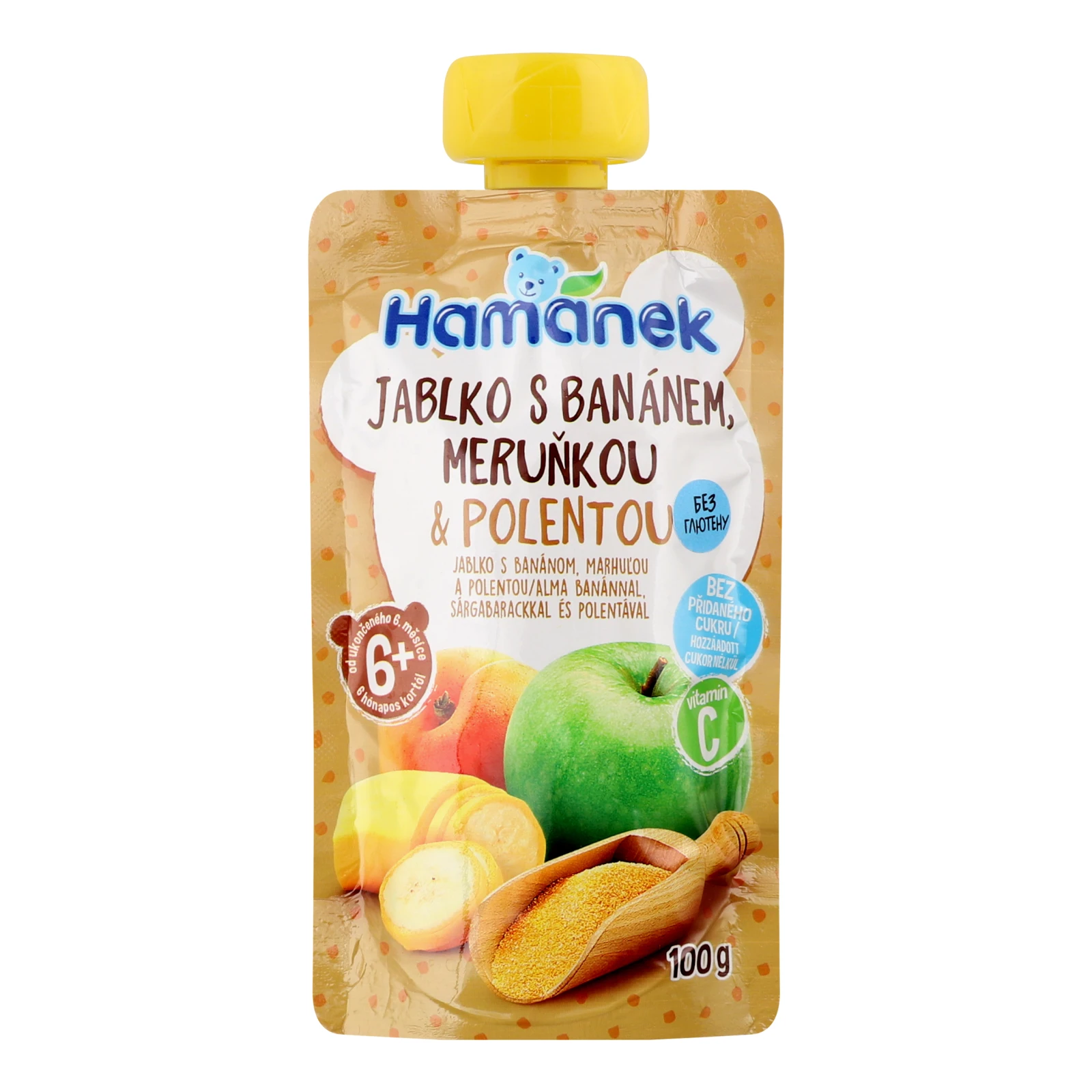 Пюре Hamanek з яблук, бананів, абрикосів і полентою з вітаміном С для дітей від 6-ти місяців 100г Фото №:1