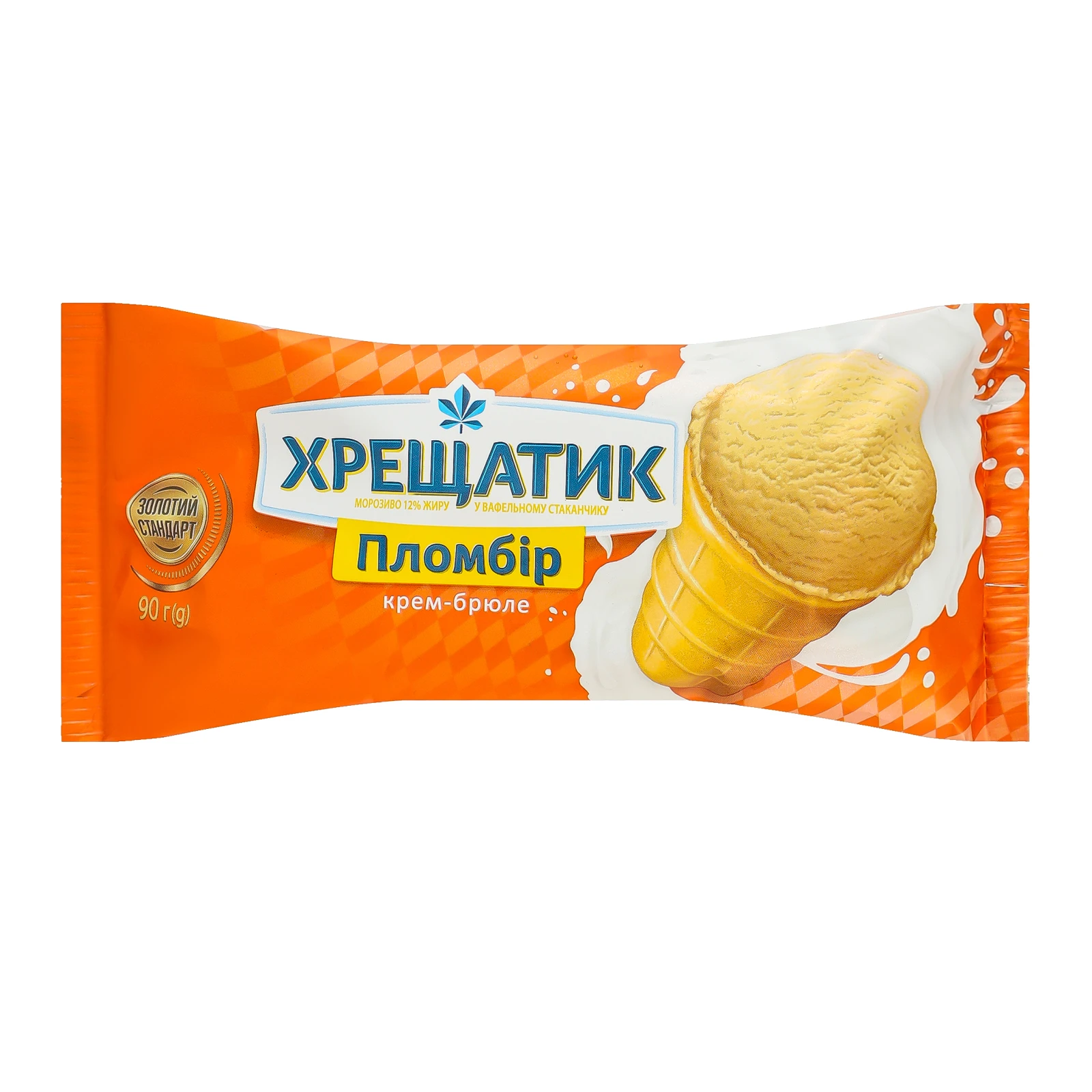 Морозиво Хрещатик Золотой стандарт  пломбір Крем-брюле у вафельному стаканчику 12% 90г Фото №:1