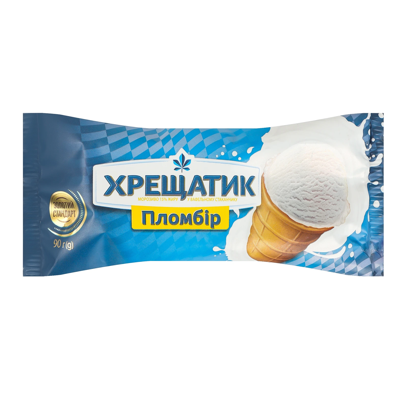 Морозиво Хрещатик Золотий стандарт пломбір у вафельному стаканчику 15% 90г Фото №:1