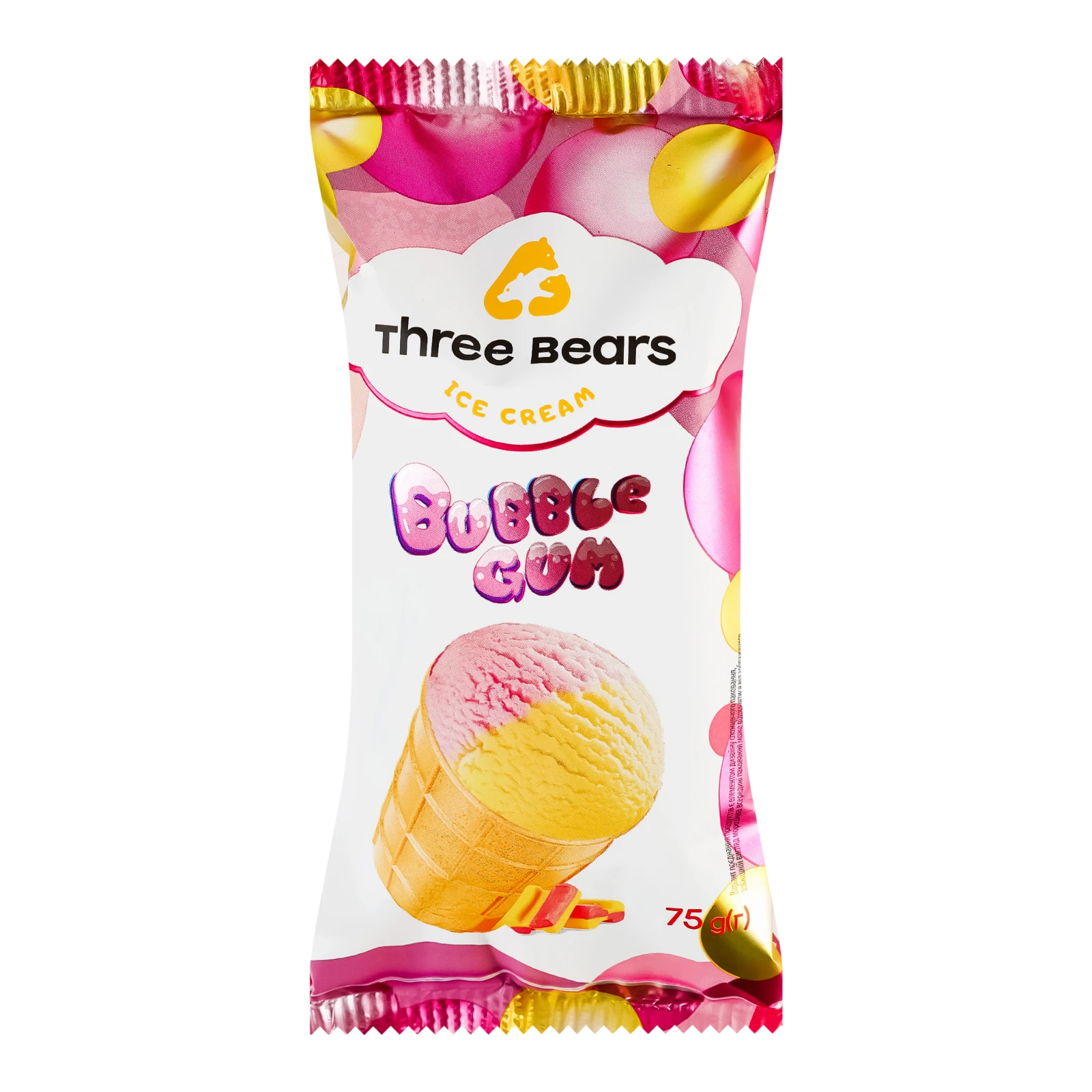 Морозиво Three bears Bubble gum зі смаком жувальної гумки та дині у вафельному стаканчику 10% 75г Фото №:1