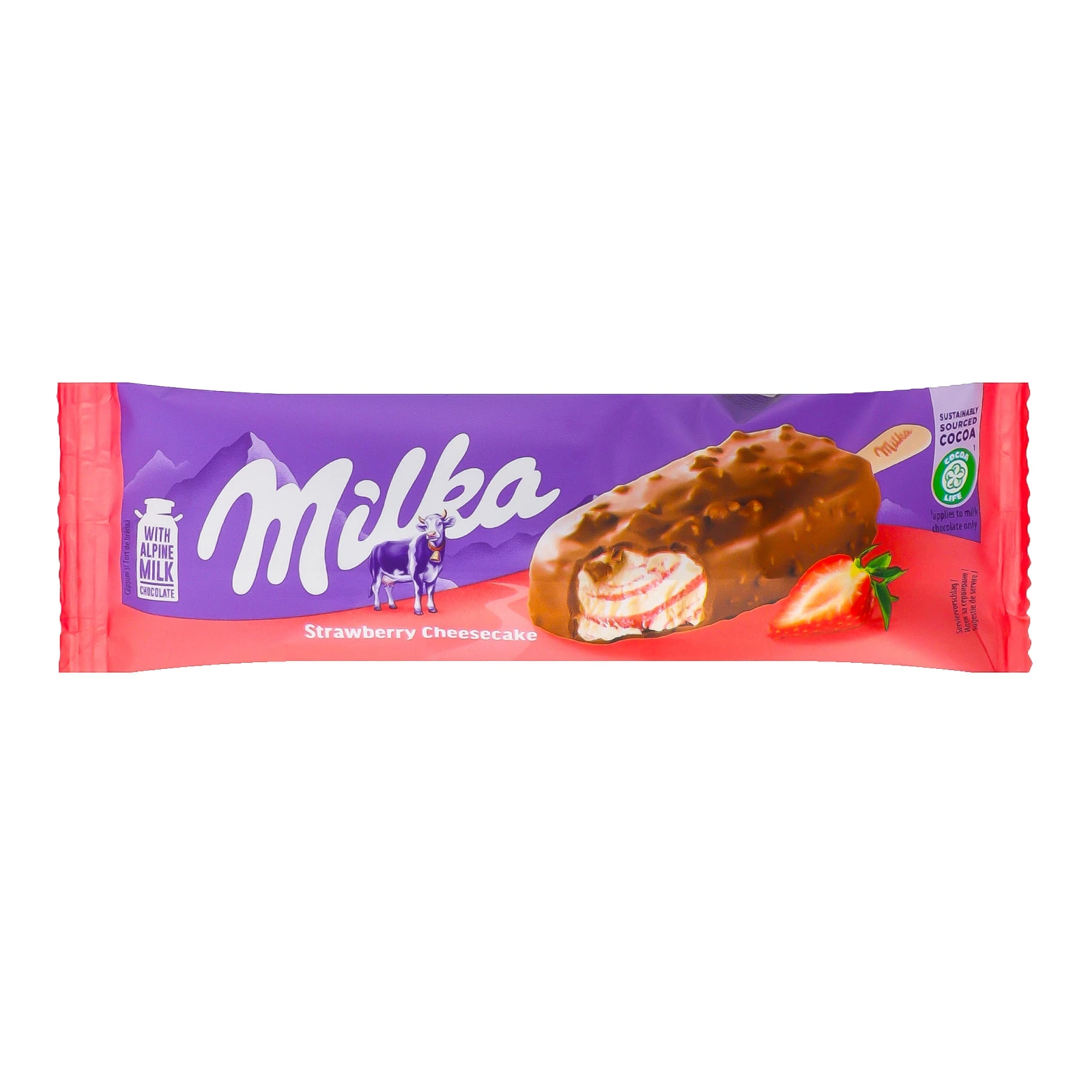 Морозиво Milka в молочному шоколаді з бісквітною крихтою зі смаком чизкейку та полуничного сорбету 67г