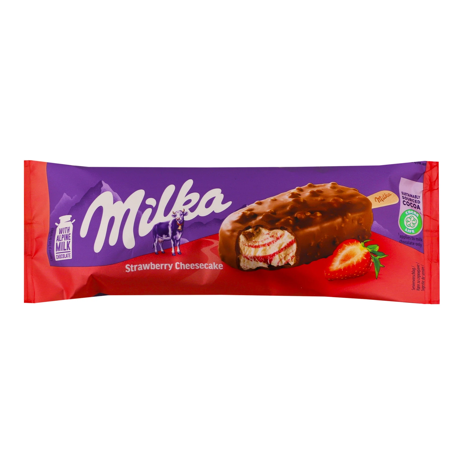 Морозиво Milka зі смаком чізкейку та полуничного сорбету в молочному шоколаді з бісквітною крихтою 67г Фото №:1