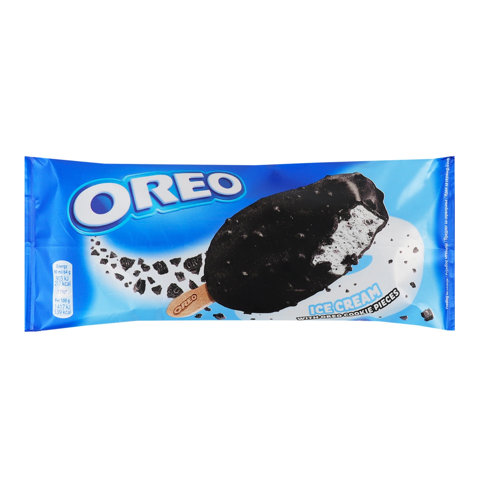 Морозиво Oreo ванільне з бісквітною крихтою покрите шоколадом з шматочками печива зі смаком ванілі 64г Фото №:1