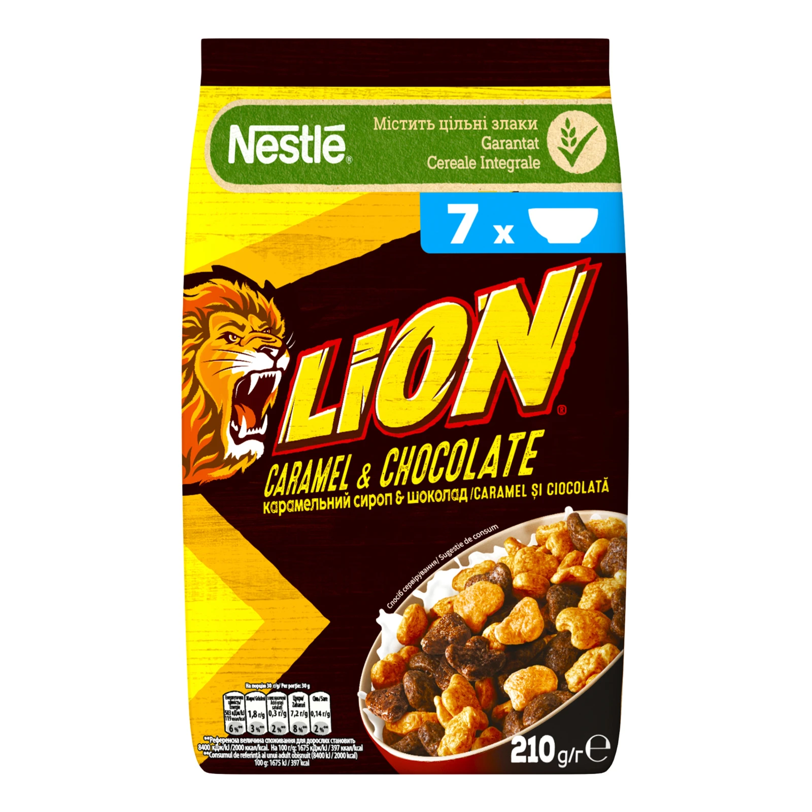 Сніданок сухий Nestle Lion Карамель та шоколад з вітамінами та мінеральними речовинами 210г