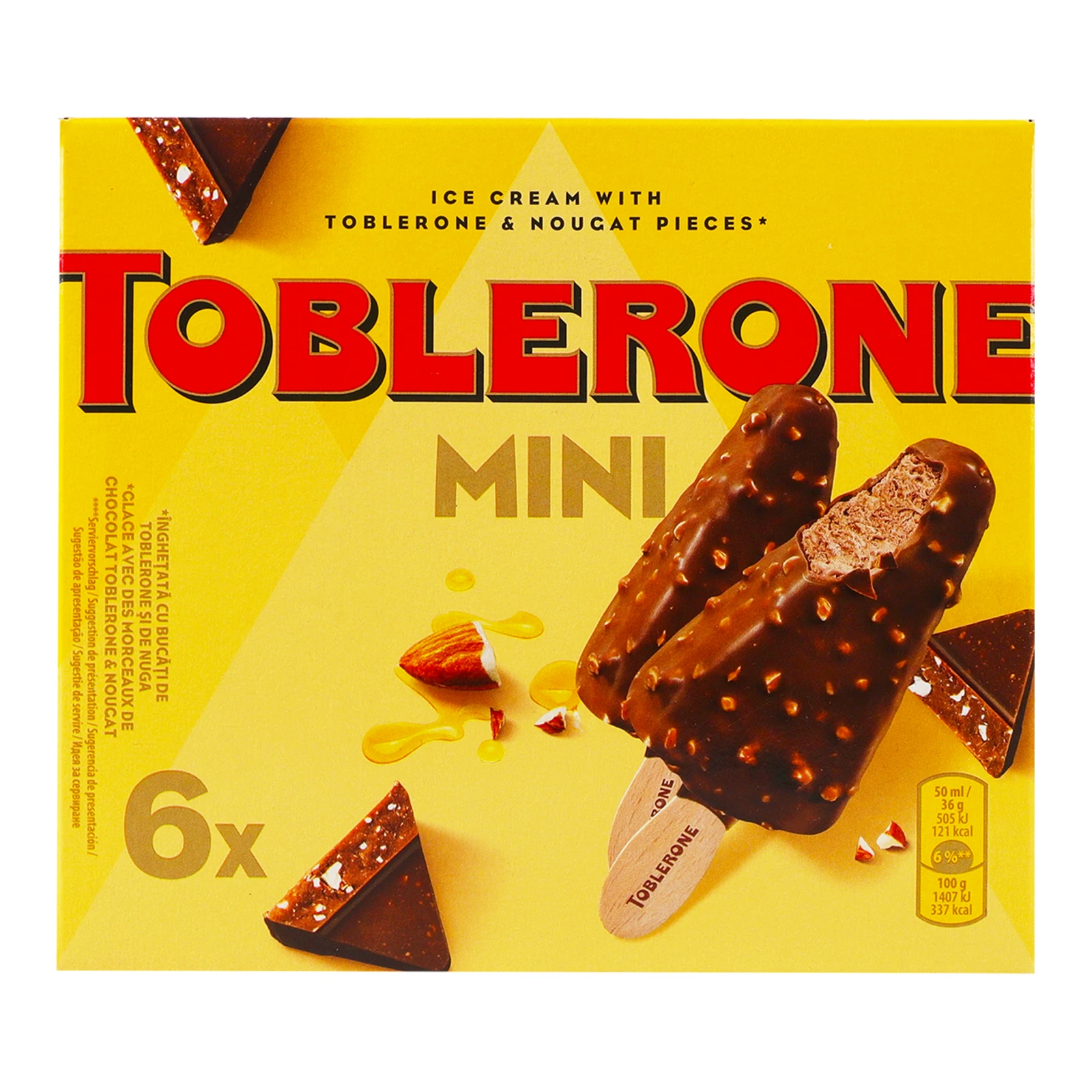 Морозиво Toblerone покрите молочним шоколадом зі шматочками білої нуги та шматочками шоколаду шоколадно-медове 36г*6 Фото навігації №:1