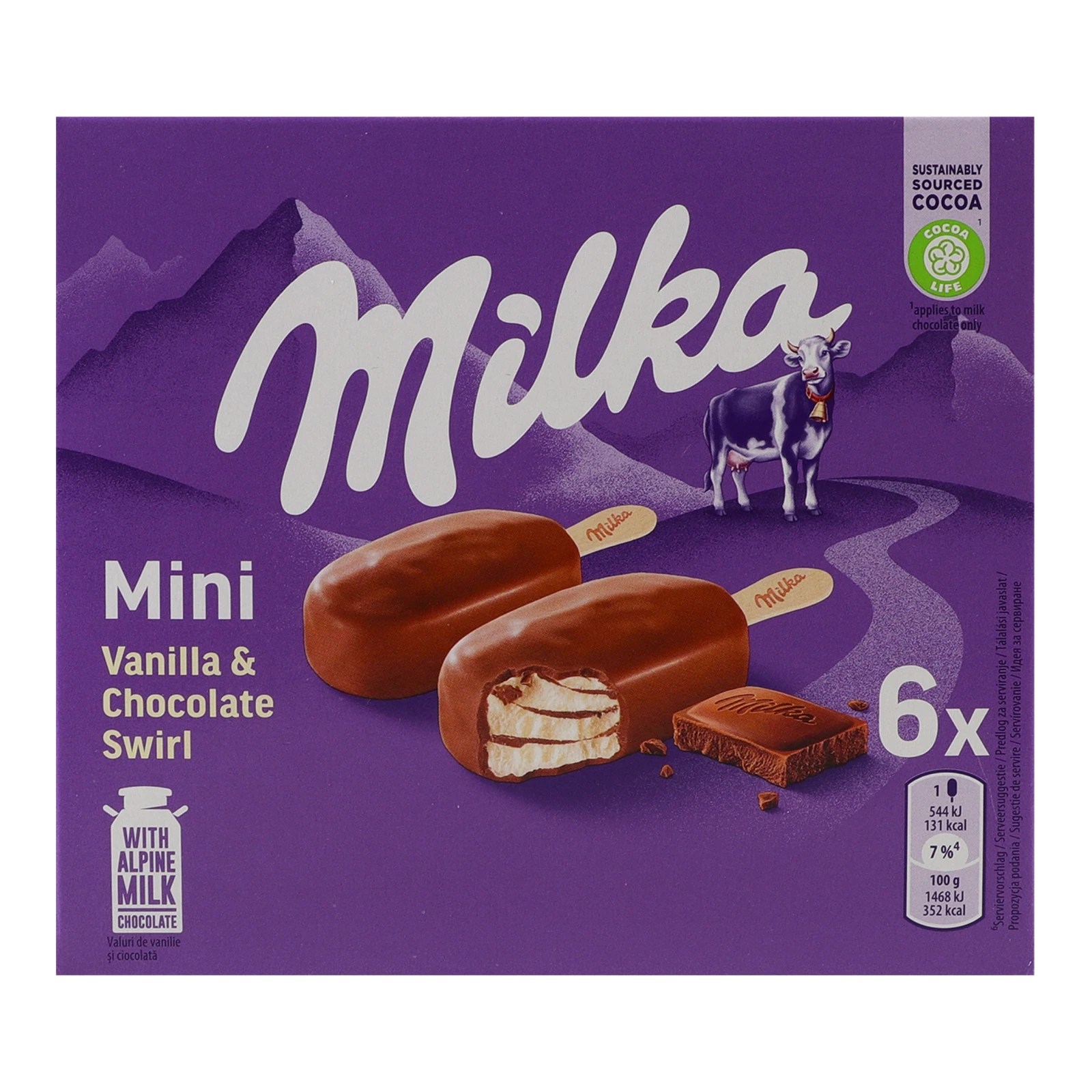 Морозиво Milka mini ванільне з додаванням молочного шоколаду покрите молочним шоколадом 6х37г