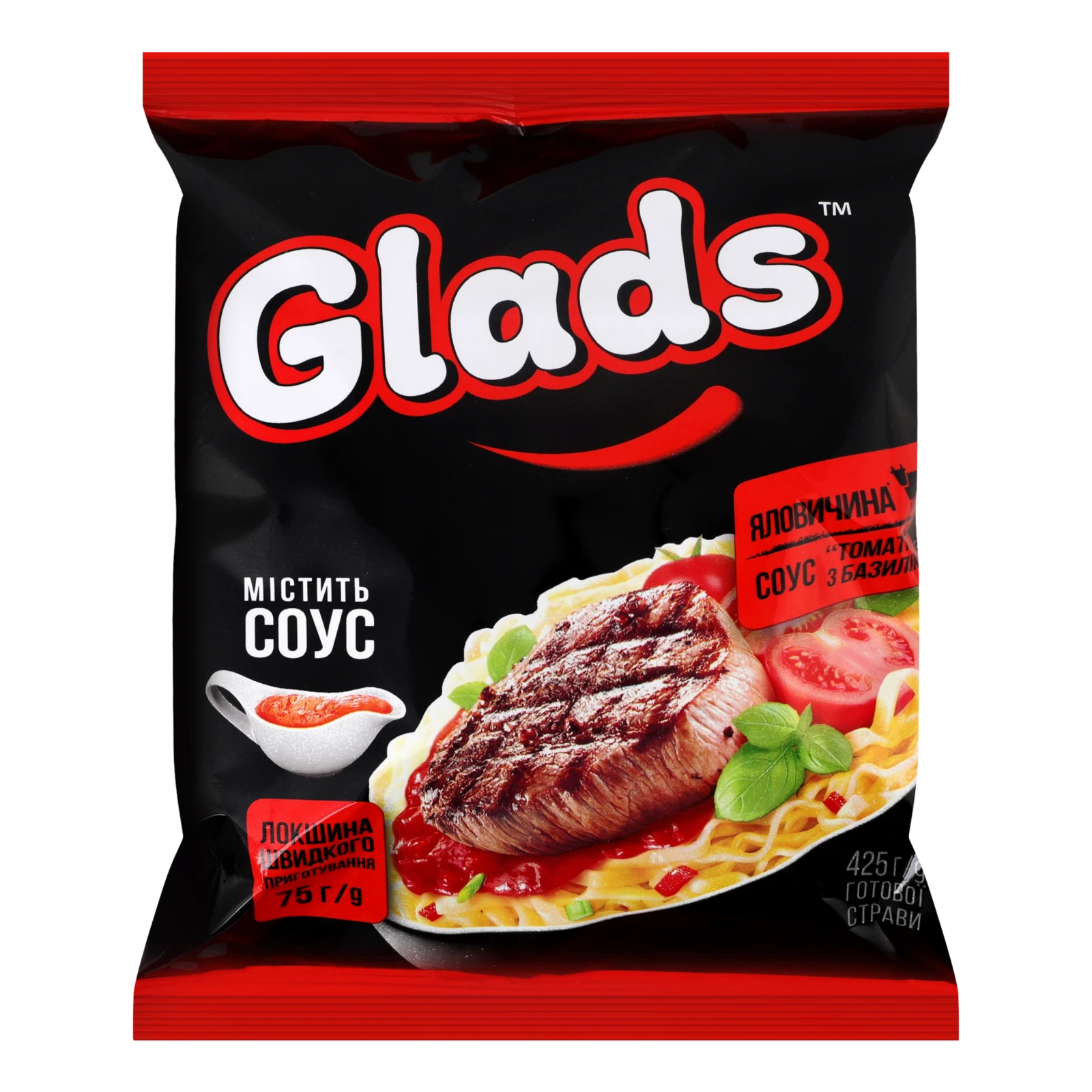 Локшина Glads Яловичина + Соус Томатний з базиліком швидкого приготування 75г Фото навігації №:1