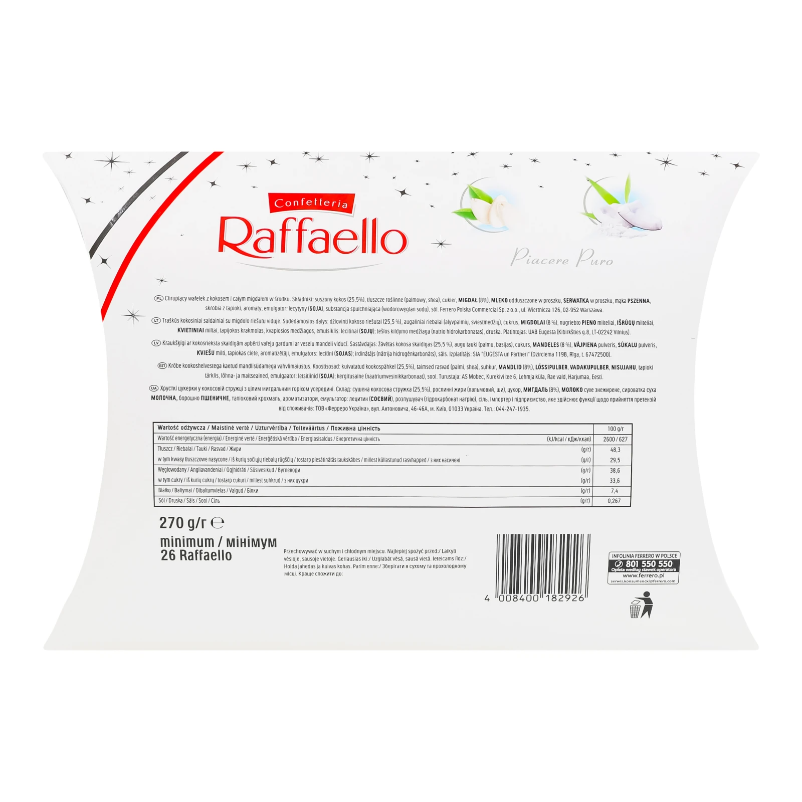 Цукерки Raffaello хрусткі у кокосовій стружці з цілим мигдальним горіхом 270г Фото №:2