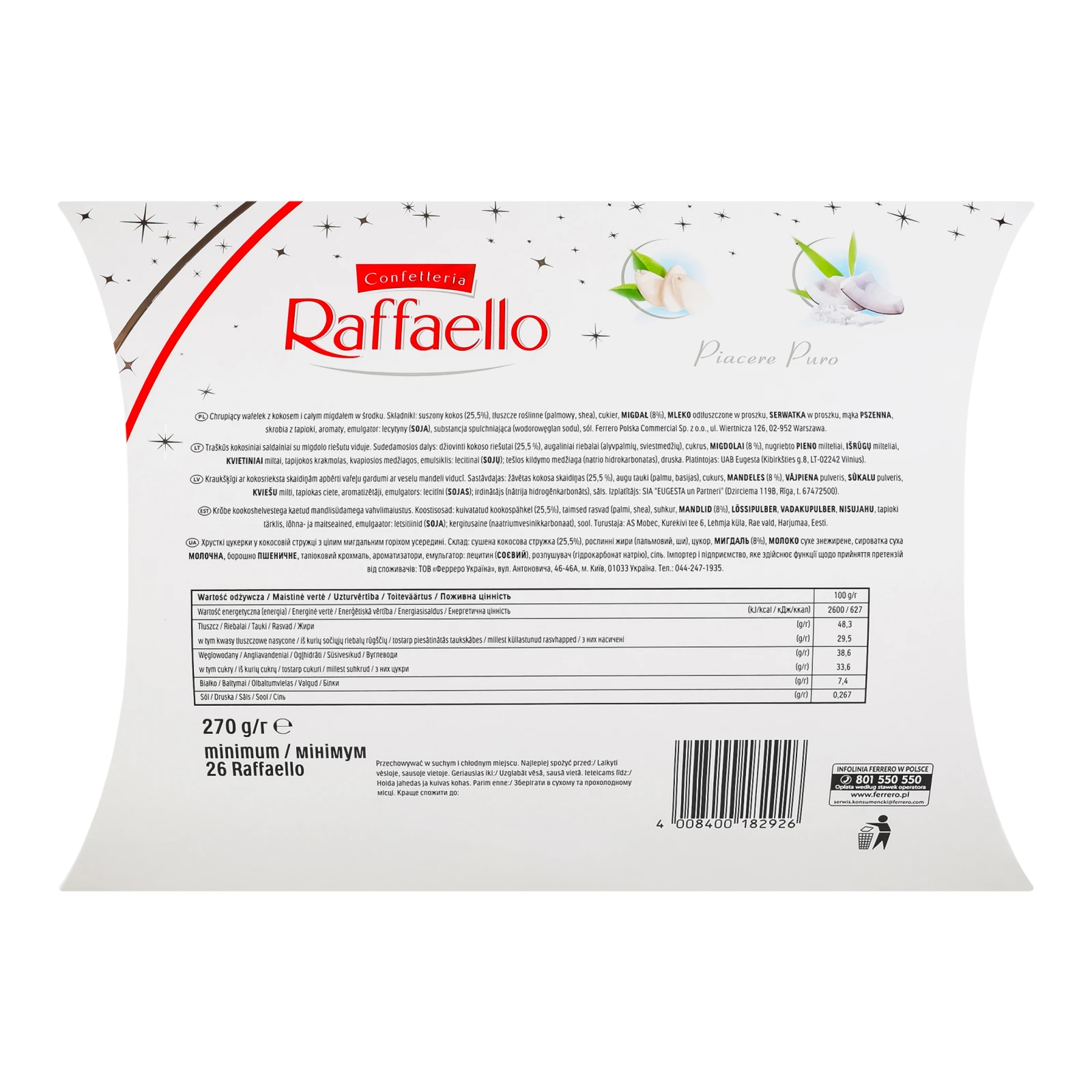 Цукерки Raffaello хрусткі у кокосовій стружці з цілим мигдальним горіхом 270г Фото №:2