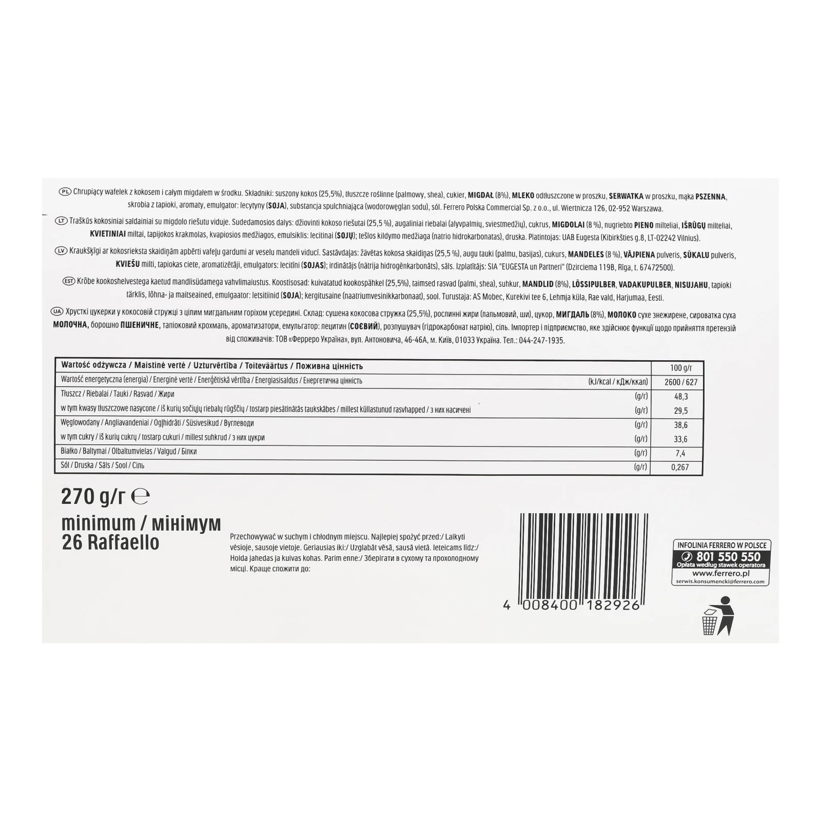 Цукерки Raffaello хрусткі у кокосовій стружці з цілим мигдальним горіхом 270г Фото №:3