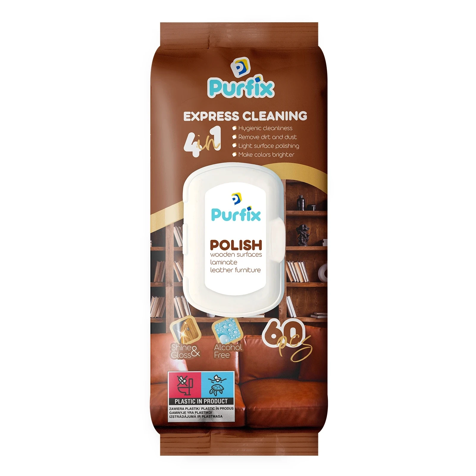 Серветки Purfix 60шт вологі для догляду за дерев`яними поверхнями та шкіряними меблями Фото №:1