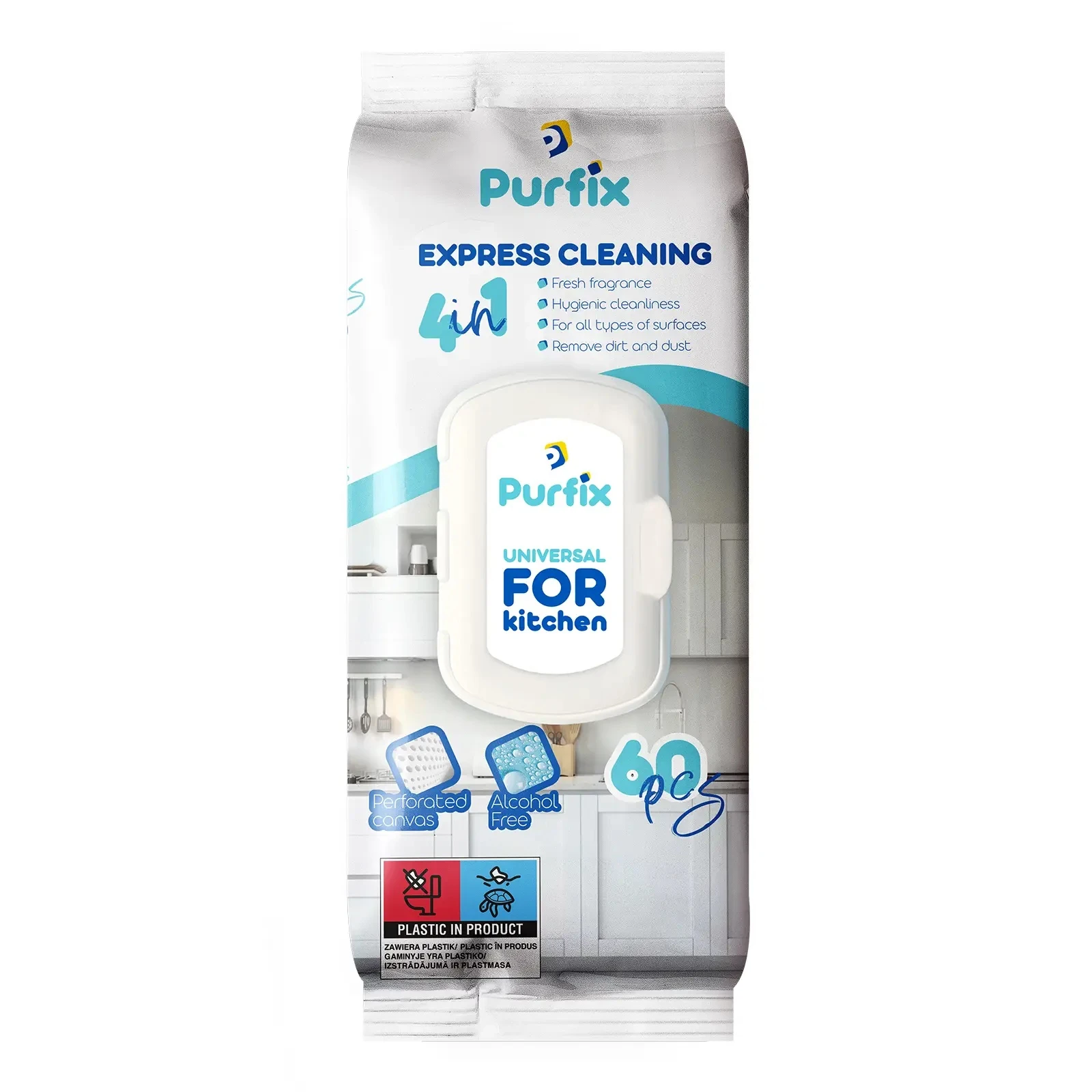 Серветки Purfix 60шт вологі універсальні для прибирання кухонних поверхонь Фото навігації №:1
