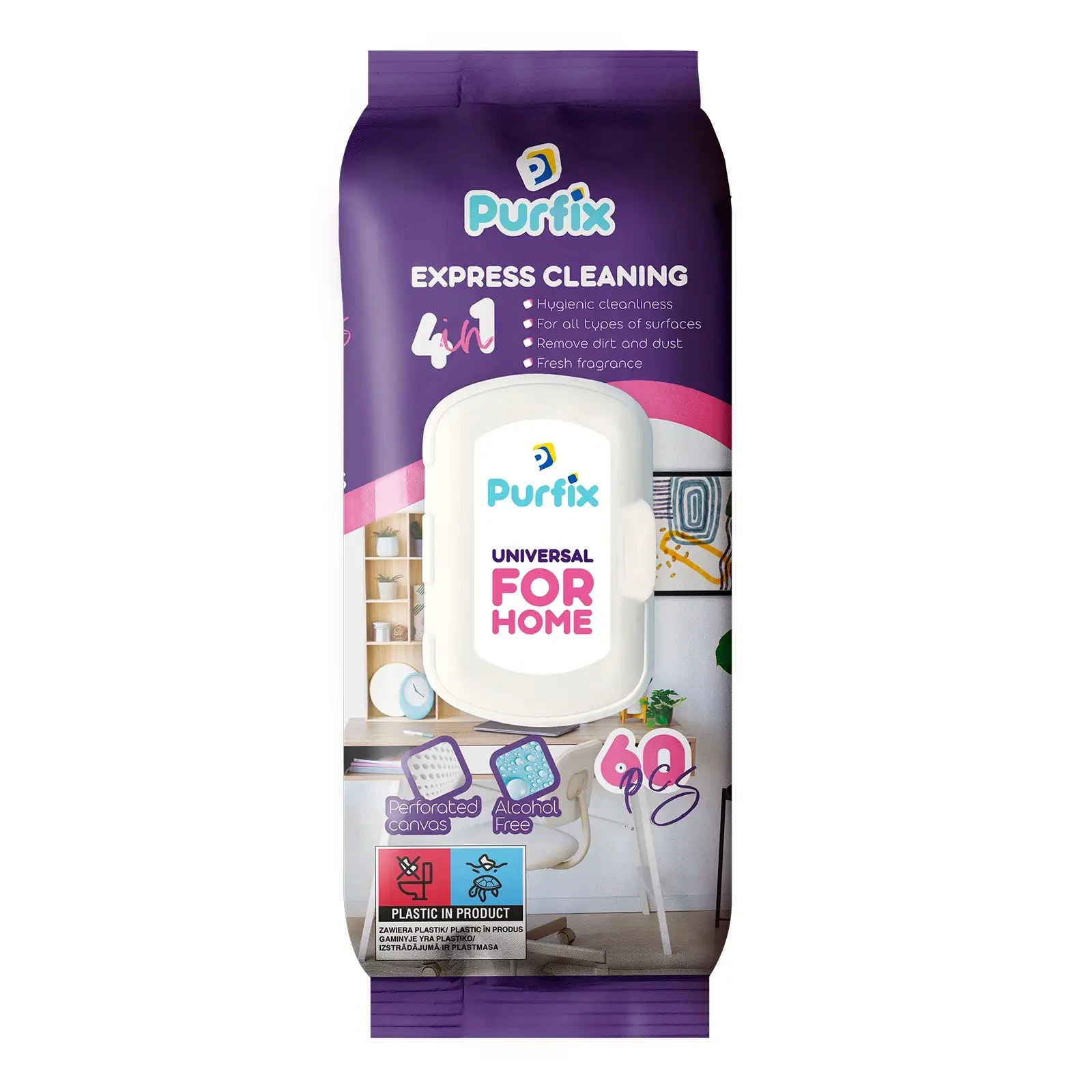 Серветки Purfix 60шт вологі універсальні для прибирання Фото №:1