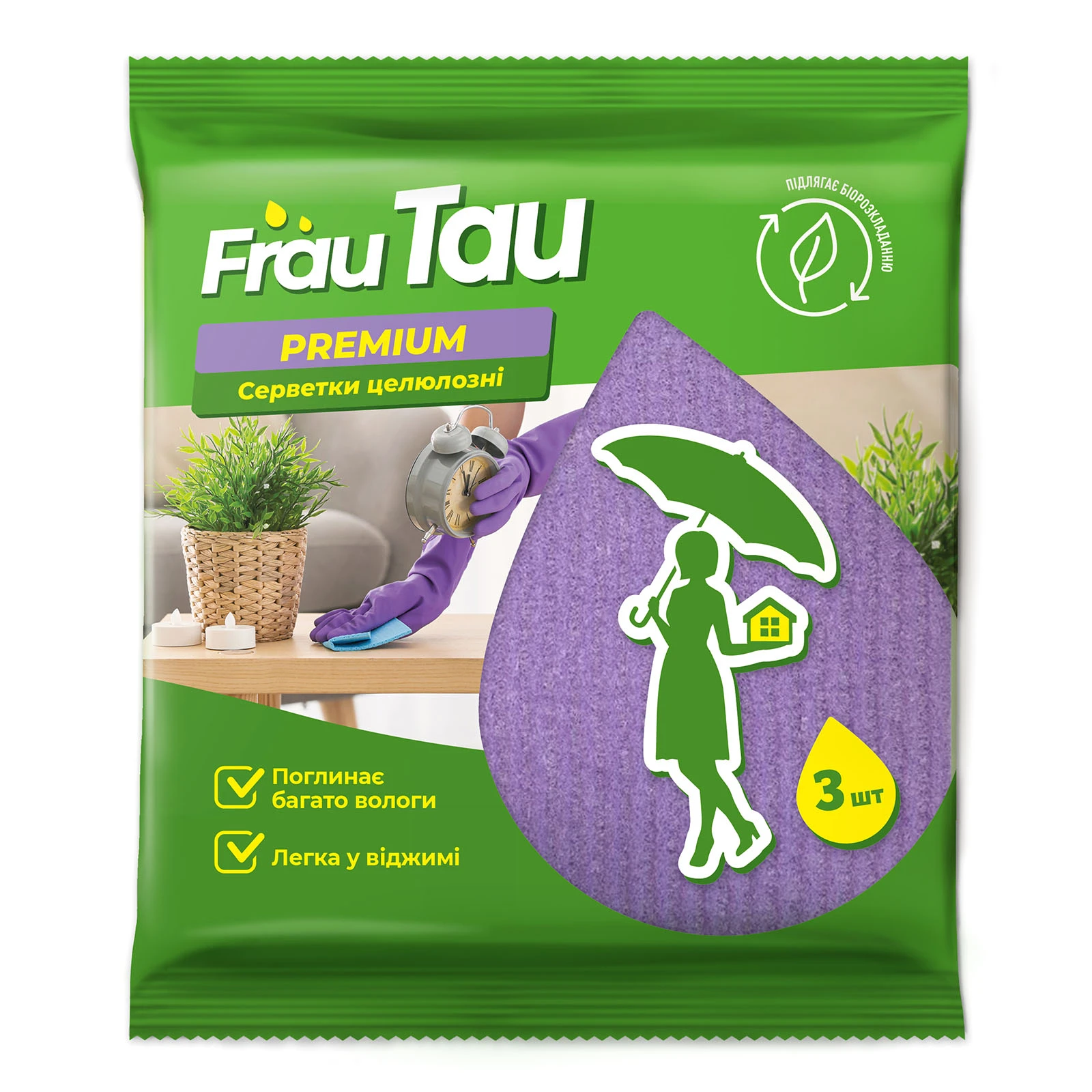 Серветки Frau Tau целюлозні Premium 15.7*16см 3шт Фото навігації №:1