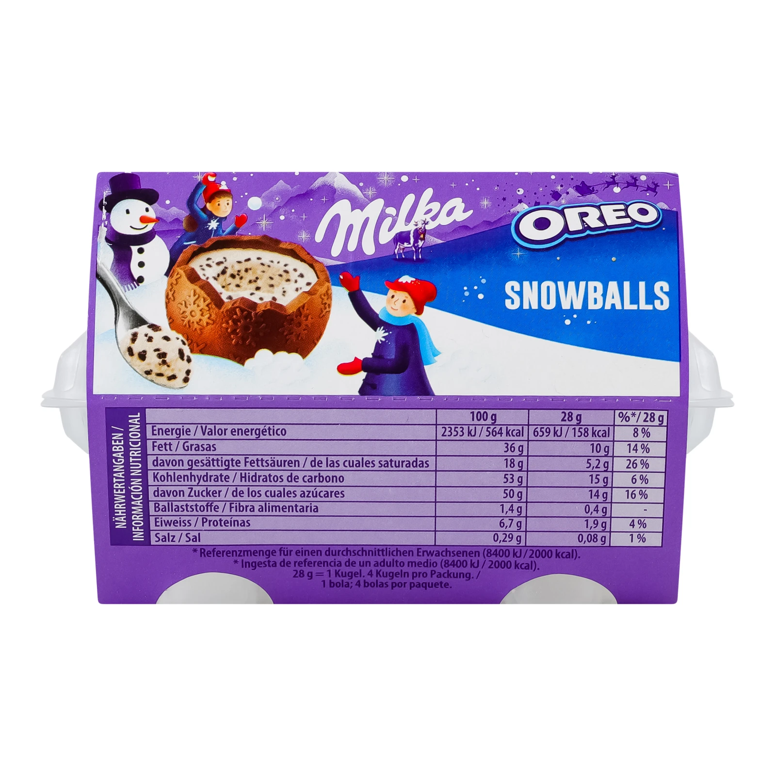 Шоколад фігурний Milka Snow balls молочний з кремовою молочною начинкою і шматочками печива Орео у формі кулі 4*28г Фото №:1