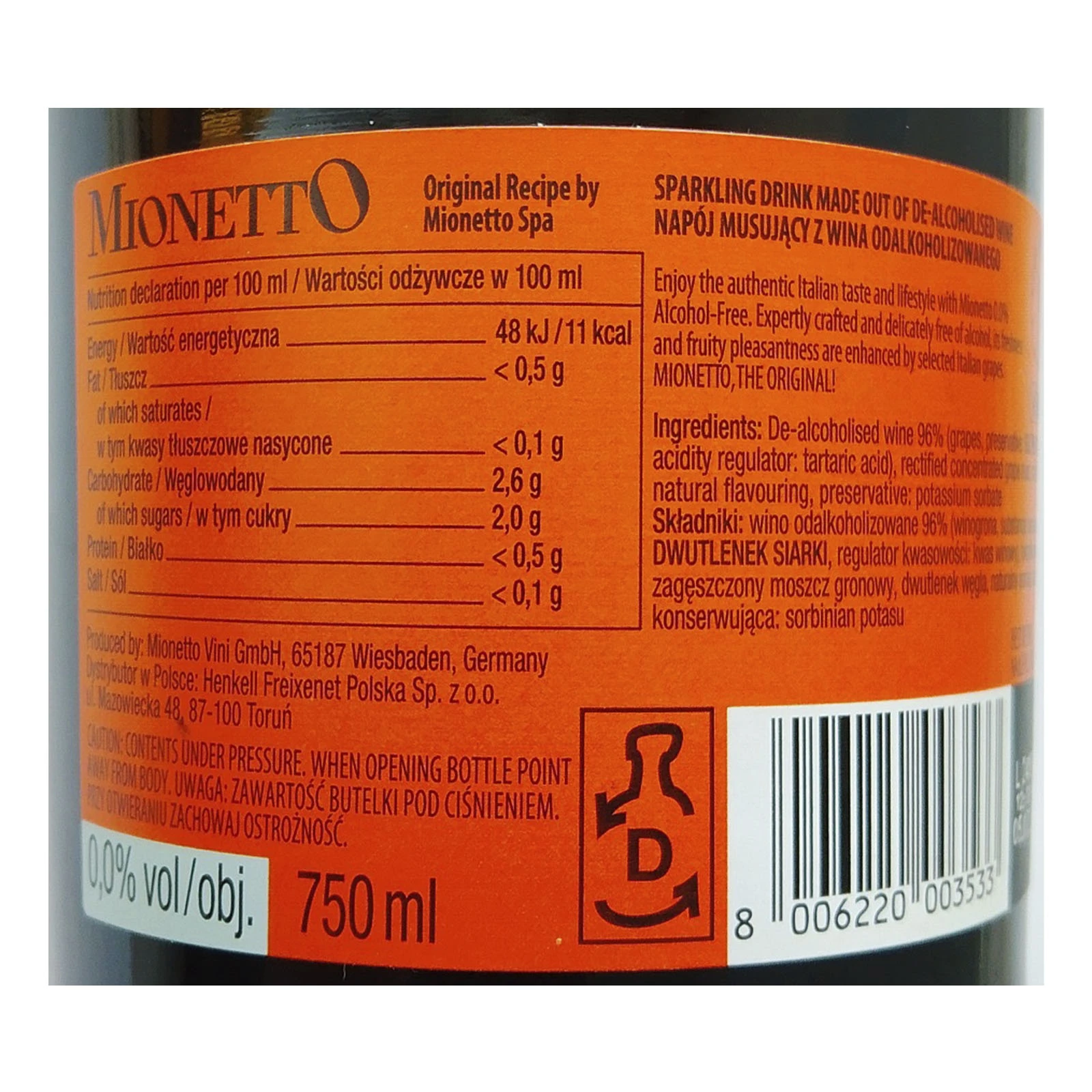 Вино ігристе Mionetto Prosecco Birillino Treviso D.O.C біле брют 11% 0.2л фото 2
