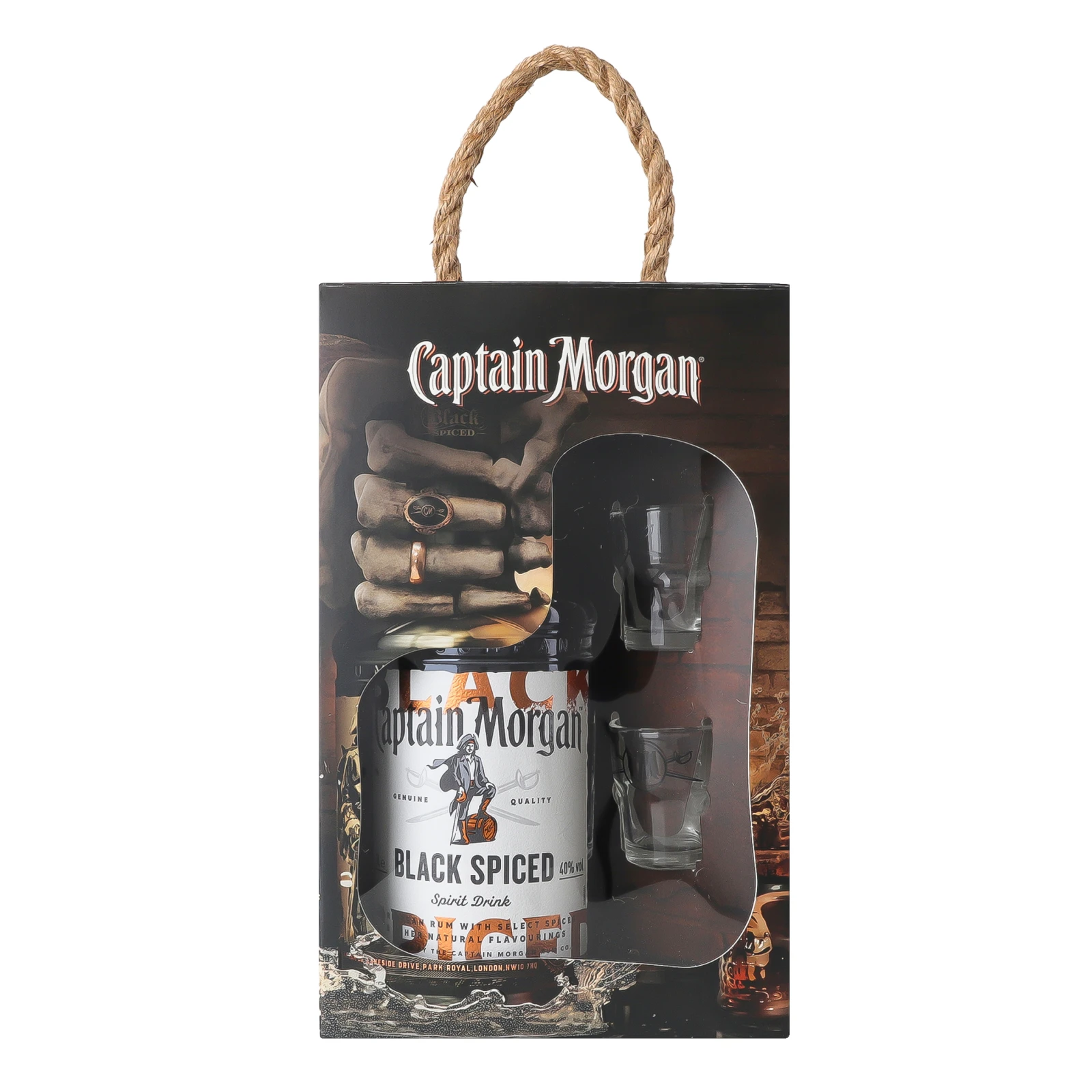 Набір Captain Morgan напій алкогольний  Black Spiced на основі карибського рому 40% 1л + 2 чарки Фото №:1