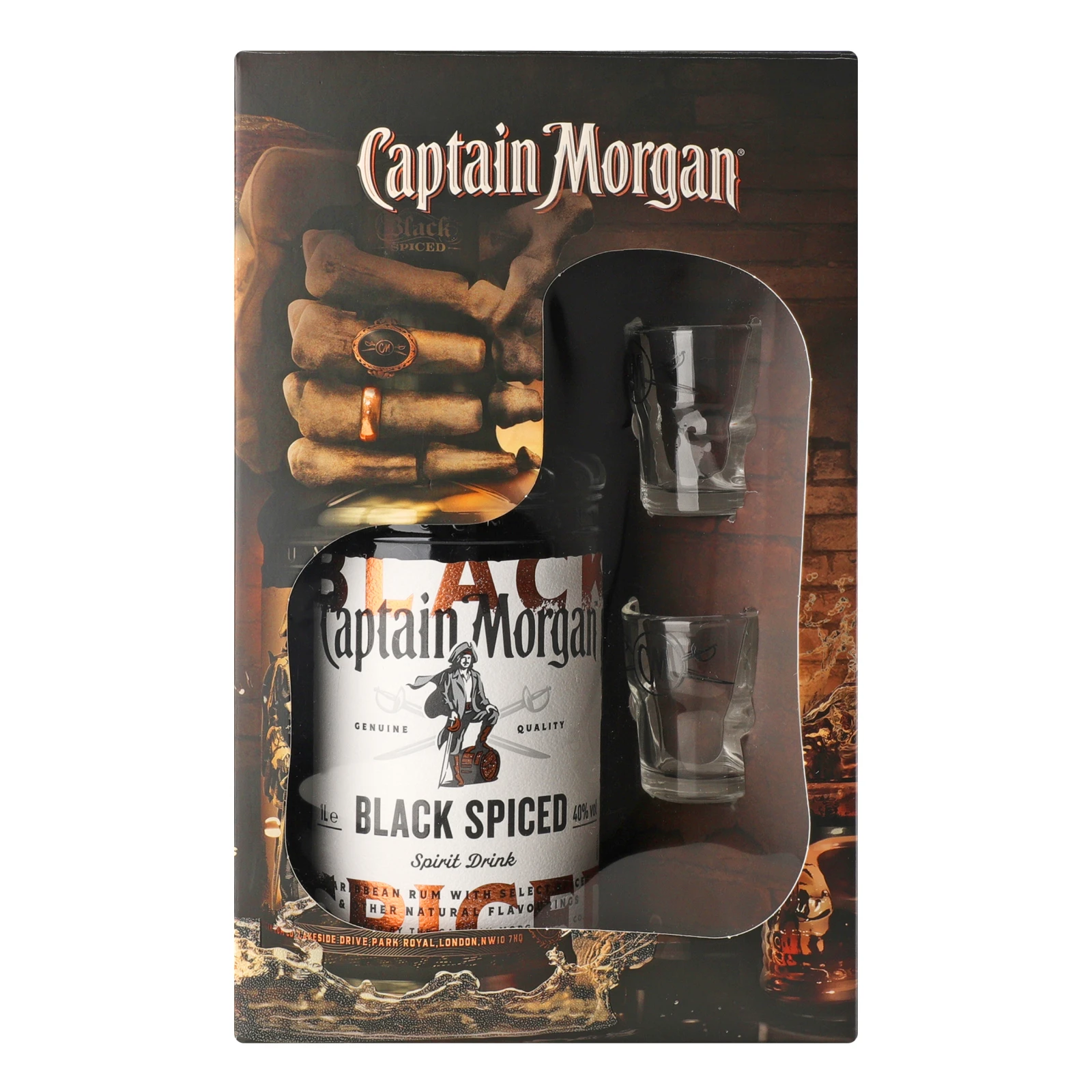 Набір Captain Morgan напій алкогольний Black Spiced на основі Карибського рому 40% 1л + 2 чарки Фото №:1